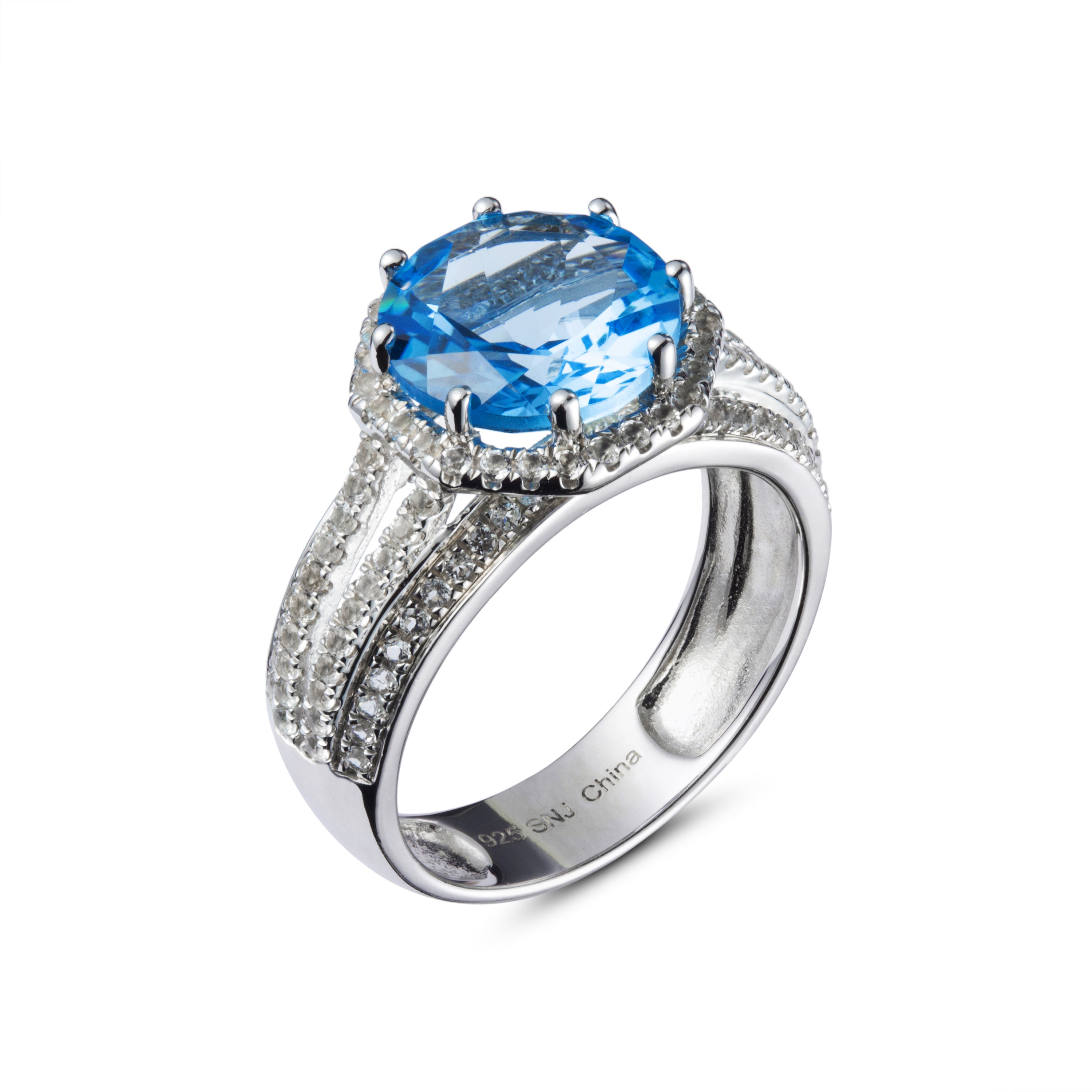 Genuine Swiss Blue Topaz And White Topaz Sterling Silver Halo Ring