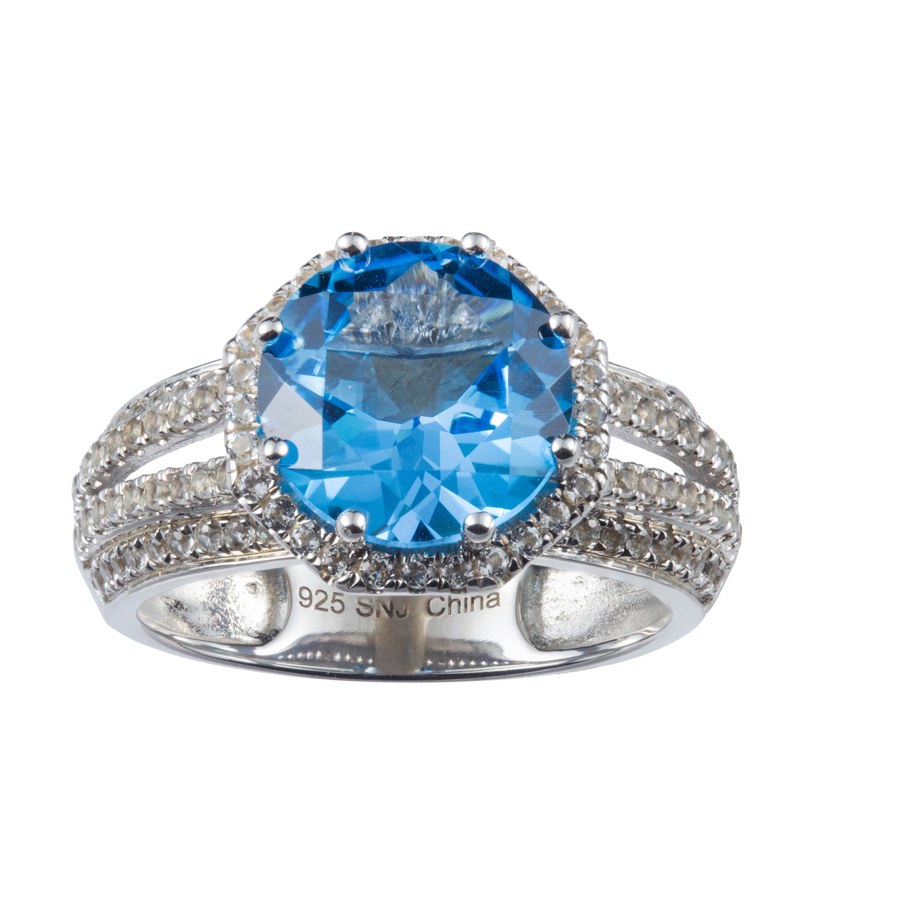 Genuine Swiss Blue Topaz And White Topaz Sterling Silver Halo Ring