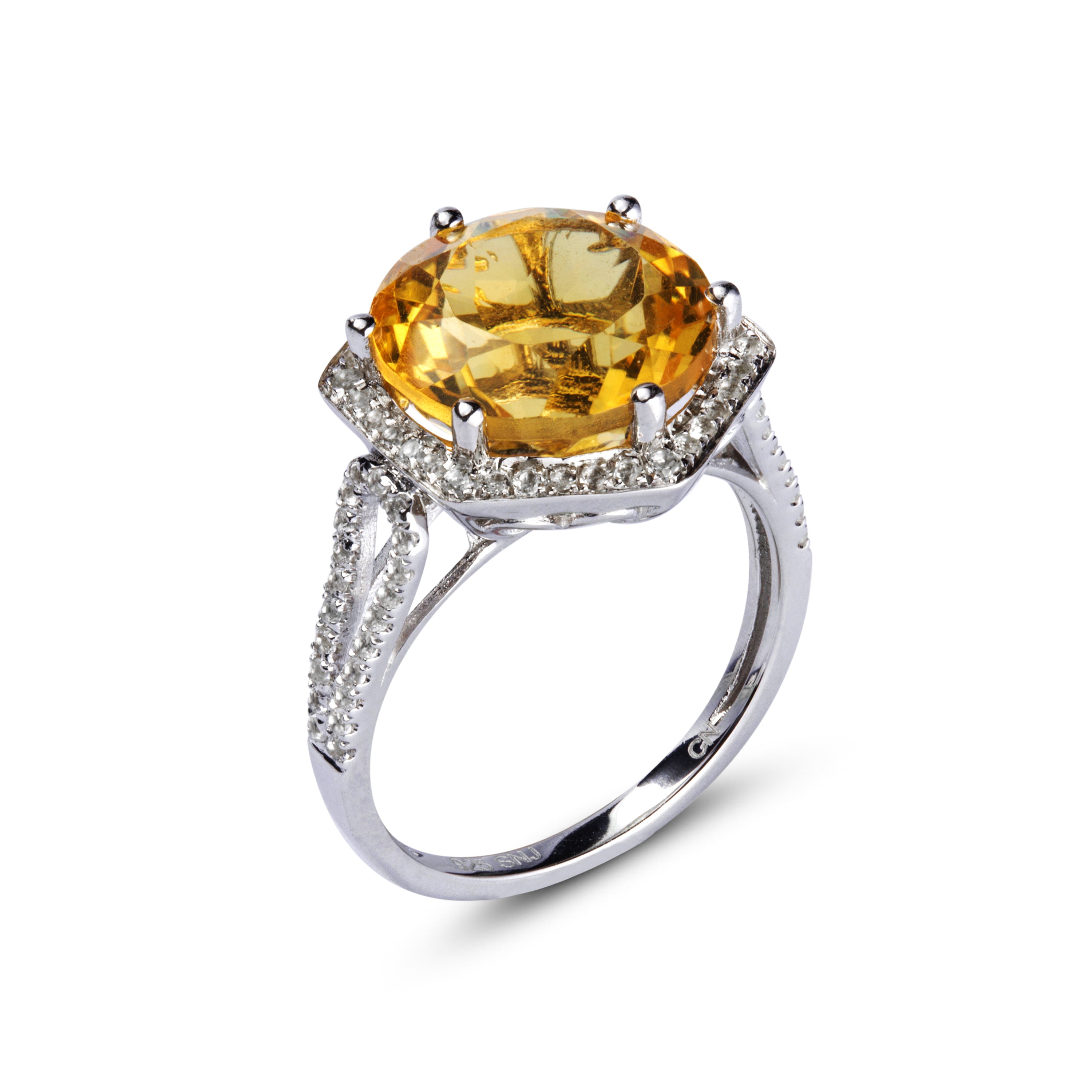 Genuine Citrine And White Topaz Sterling Silver Halo Ring