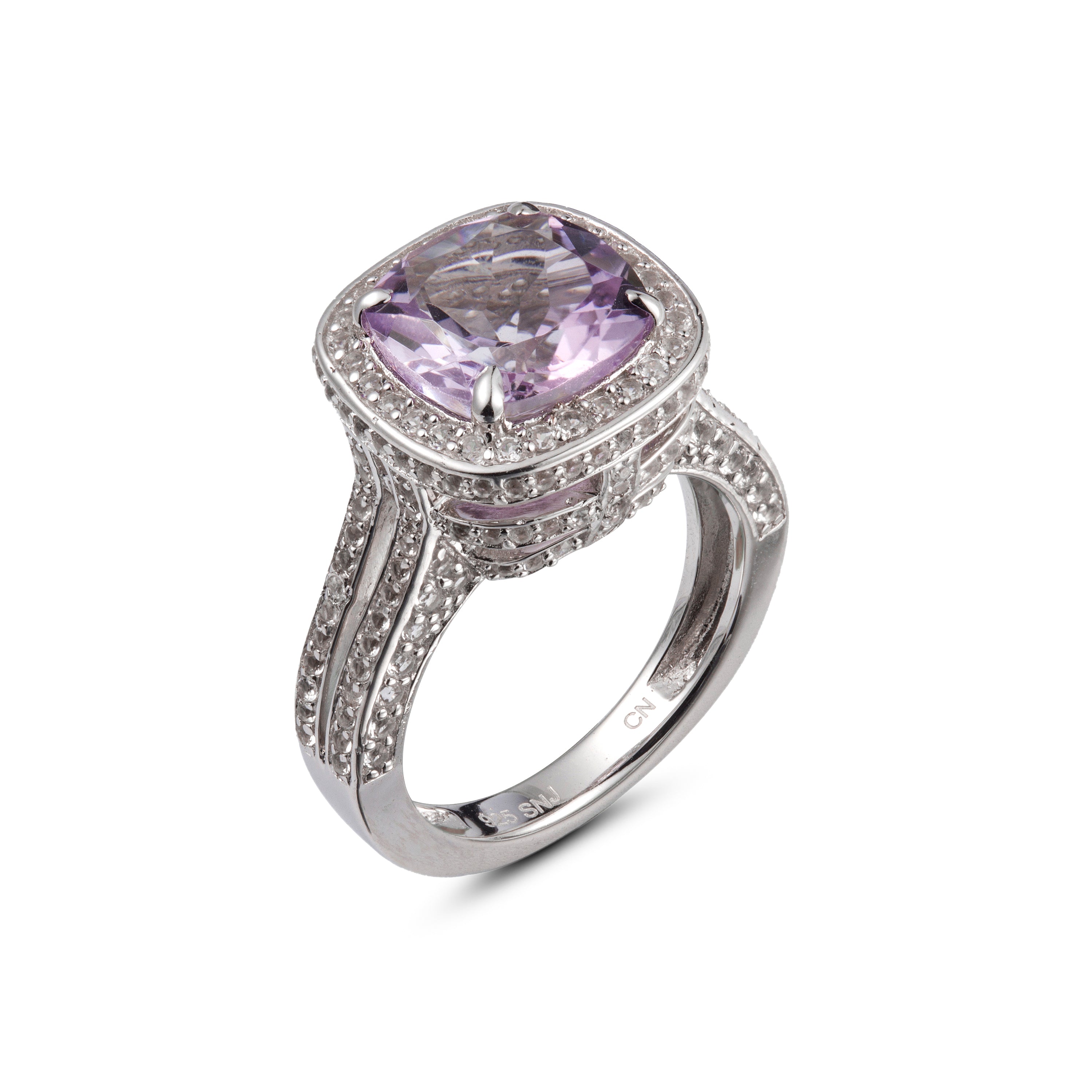 Genuine Pink Amethyst And White Topaz Sterling Silver Halo Ring