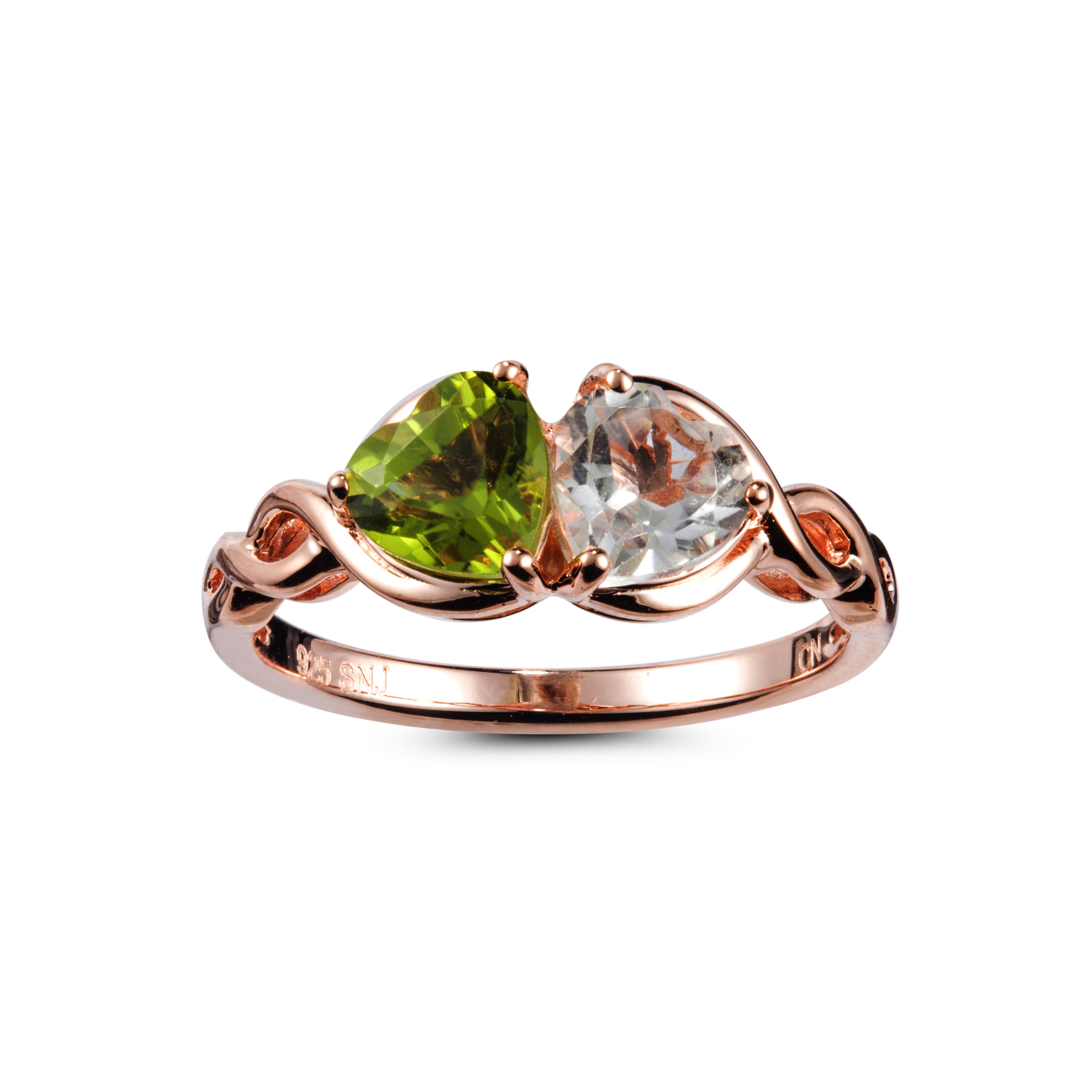 Genuine Peridot And White Topaz 14k Rose Over Silver 2 Stone Heart Ring