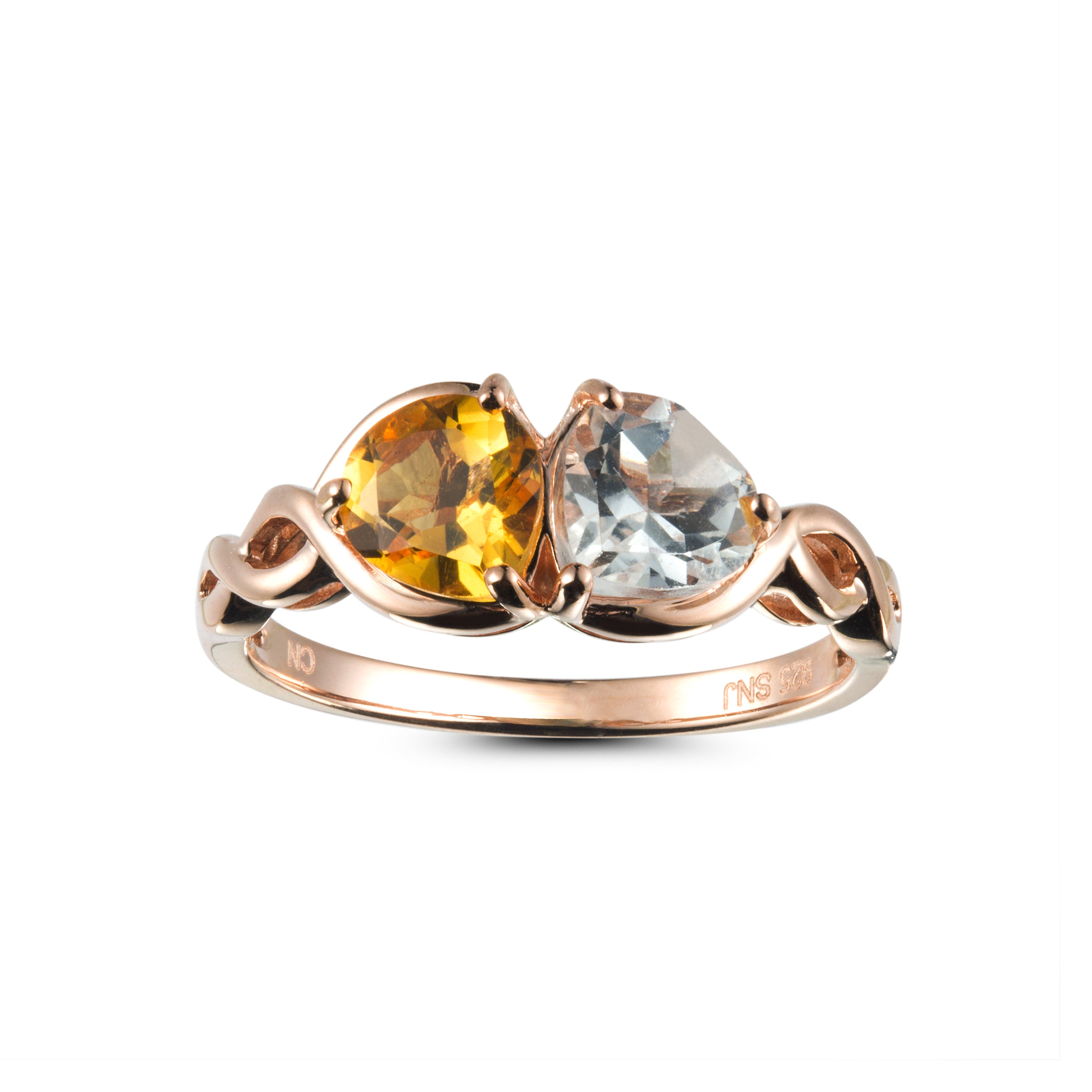 Genuine Citrine And White Topaz 14k Rose Over Silver 2 Stone Heart Ring