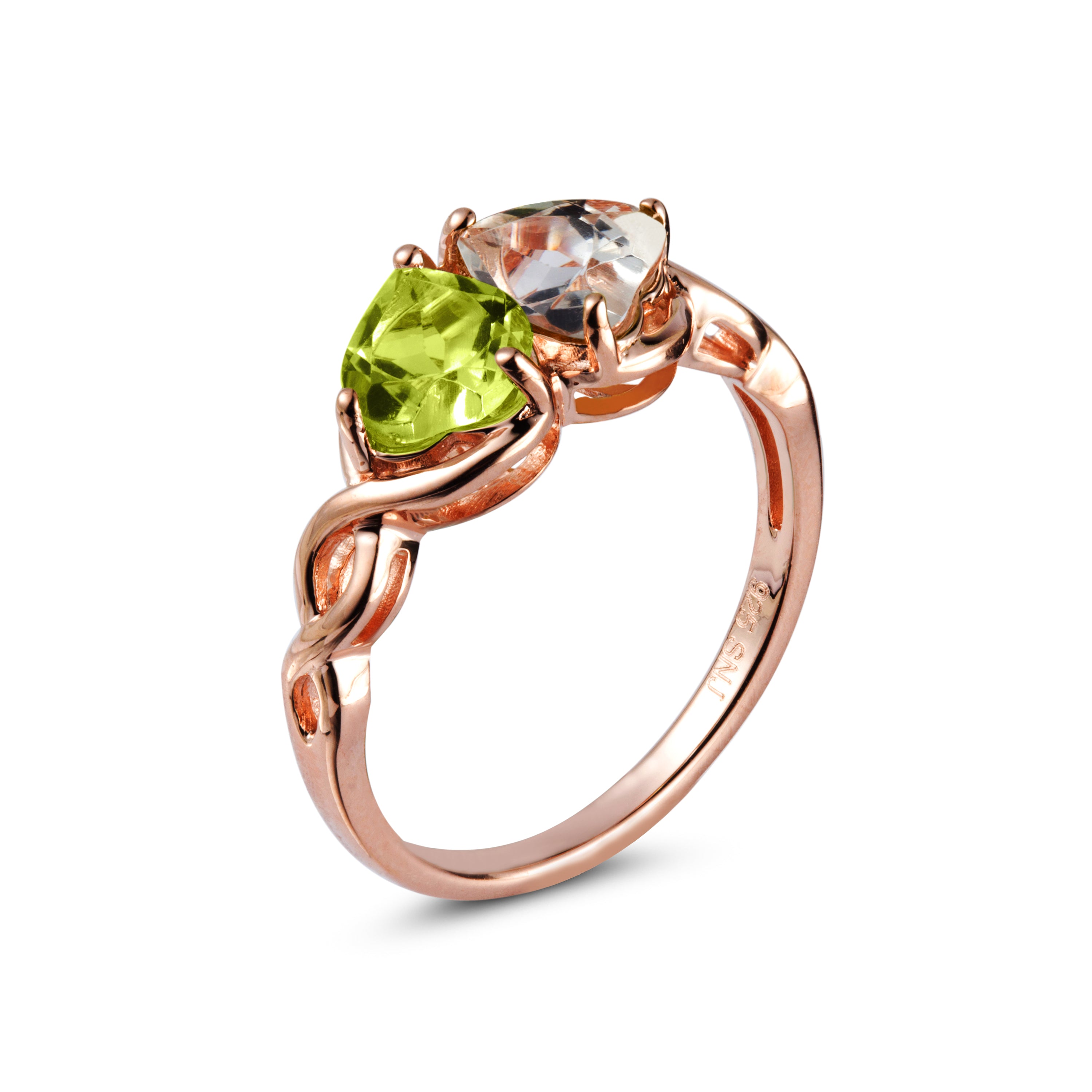 Genuine Peridot And White Topaz 14k Rose Over Silver 2 Stone Heart Ring