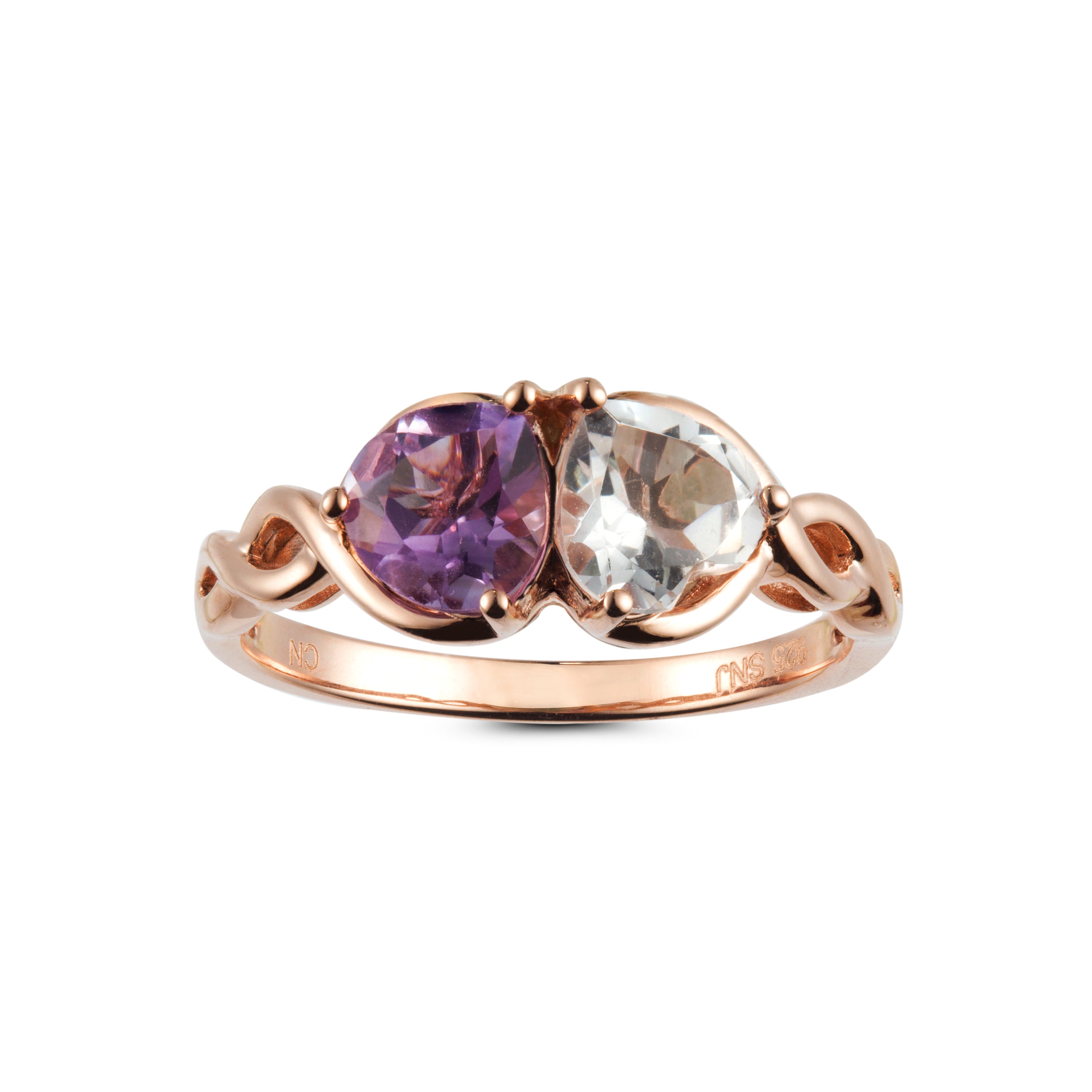 Genuine Amethyst And White Topaz 14k Rose Over Silver 2 Stone Heart Ring