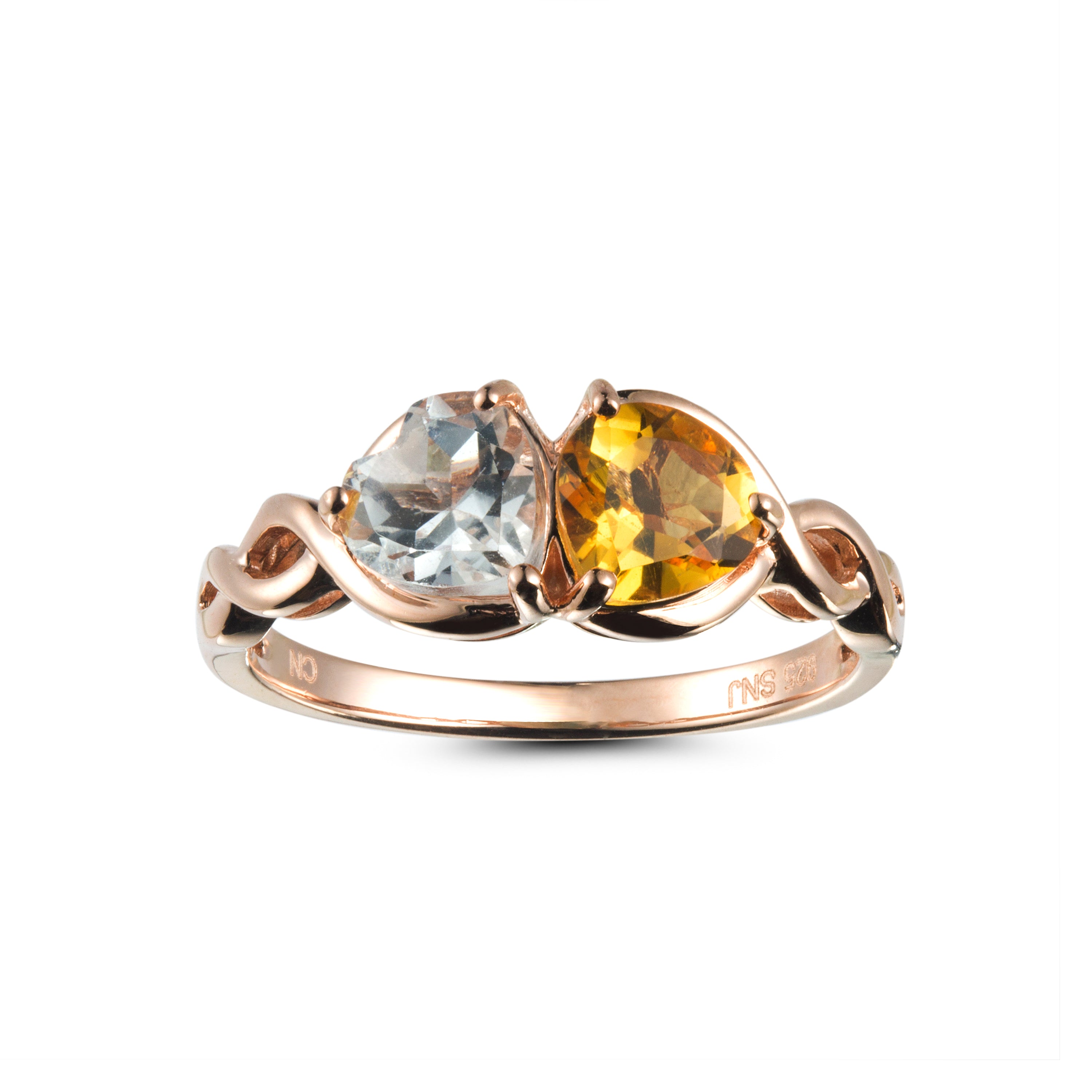 Genuine Citrine And White Topaz 14k Rose Over Silver 2 Stone Heart Ring