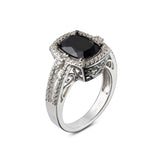 Genuine Black Spinel And White Zircon Sterling Silver Halo Ring