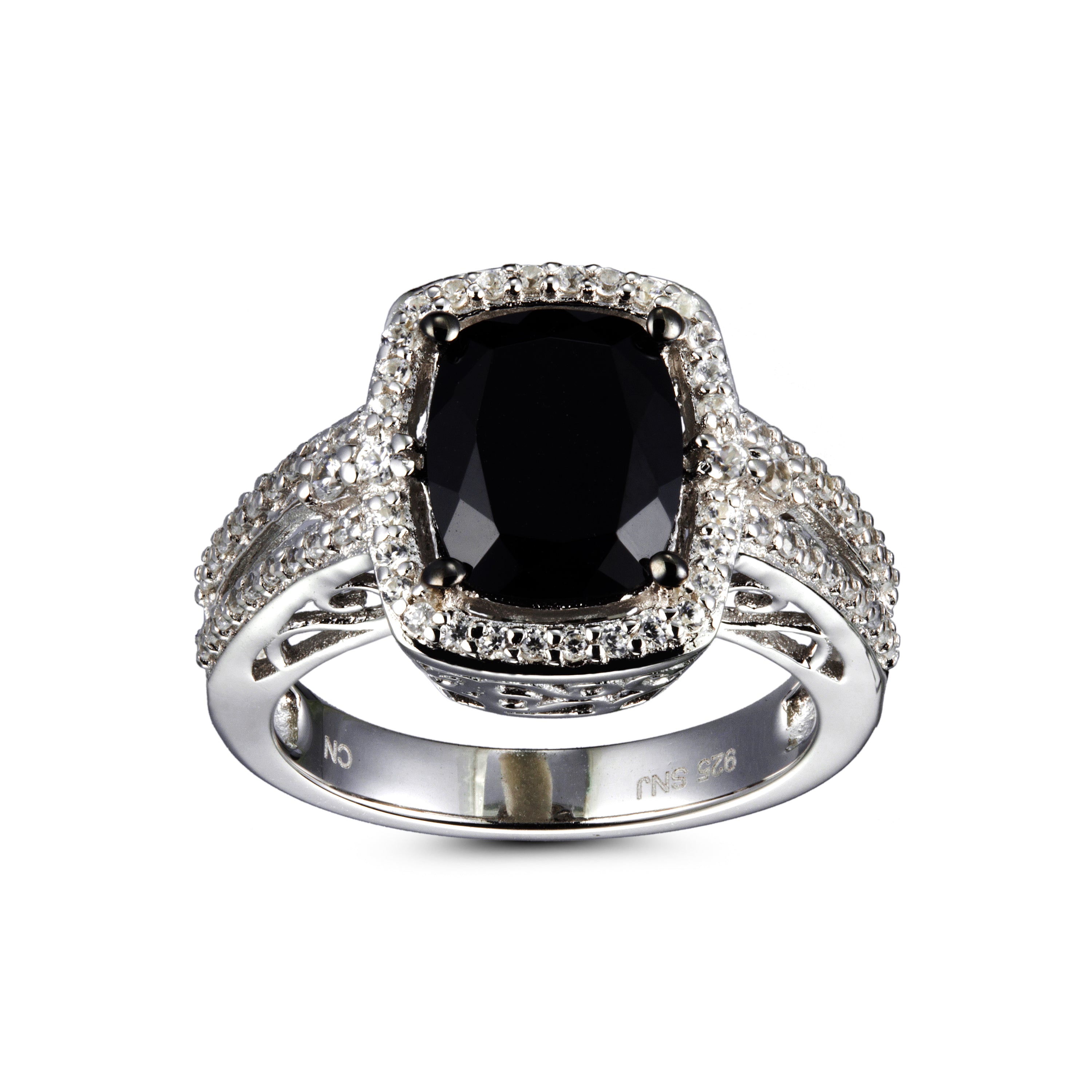 Genuine Black Spinel And White Zircon Sterling Silver Halo Ring