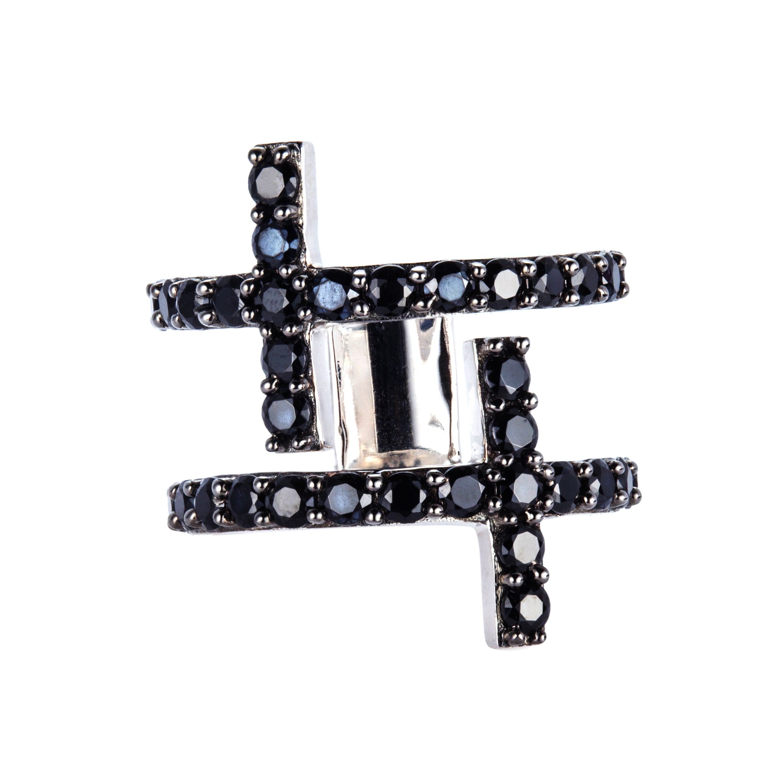 Genuine Black Spinel Sterling Silver Double Cross Ring