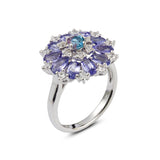 Genuine Blue Topaz Tanzanite And White Zircon Sterling Silver Flower Ring