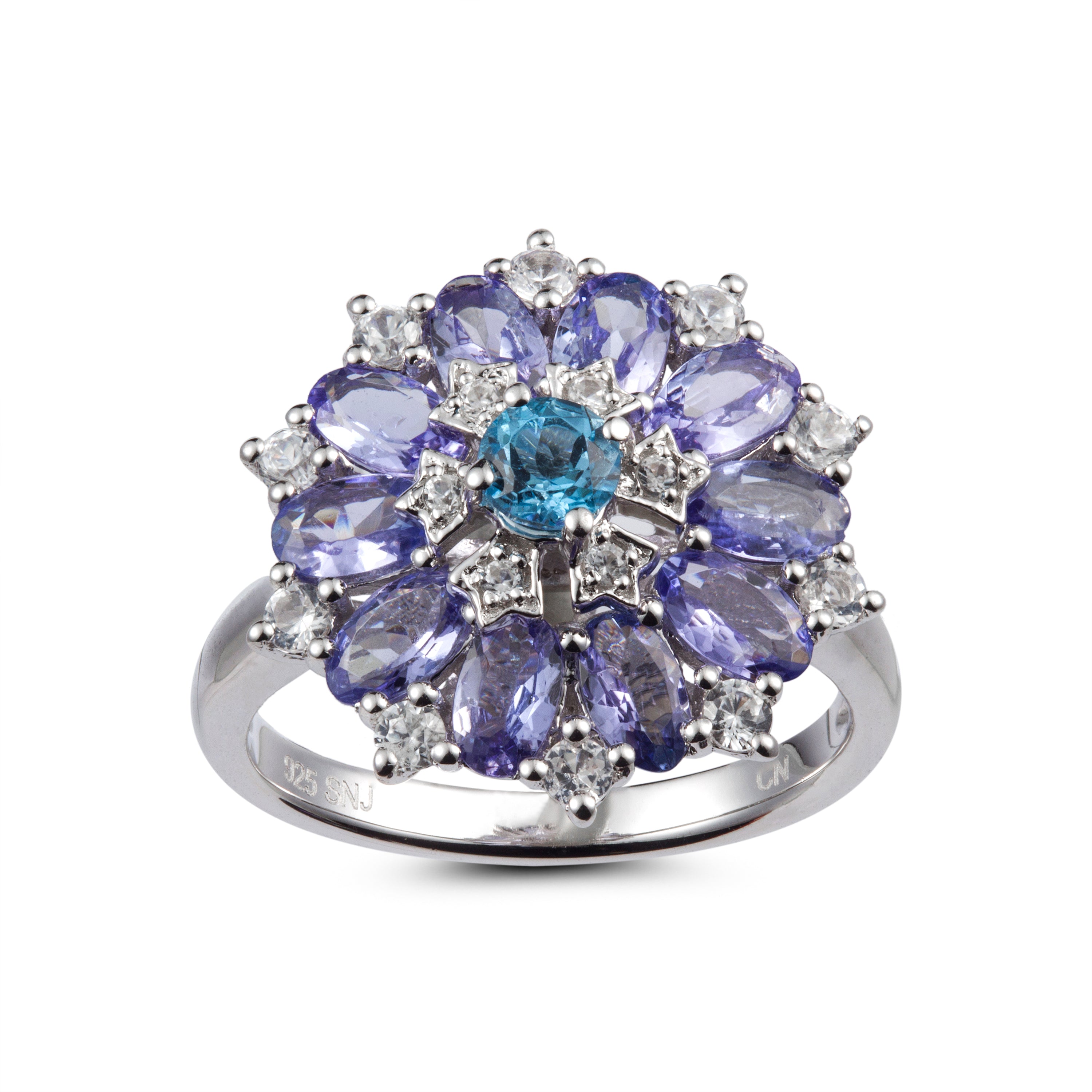 Genuine Blue Topaz Tanzanite And White Zircon Sterling Silver Flower Ring