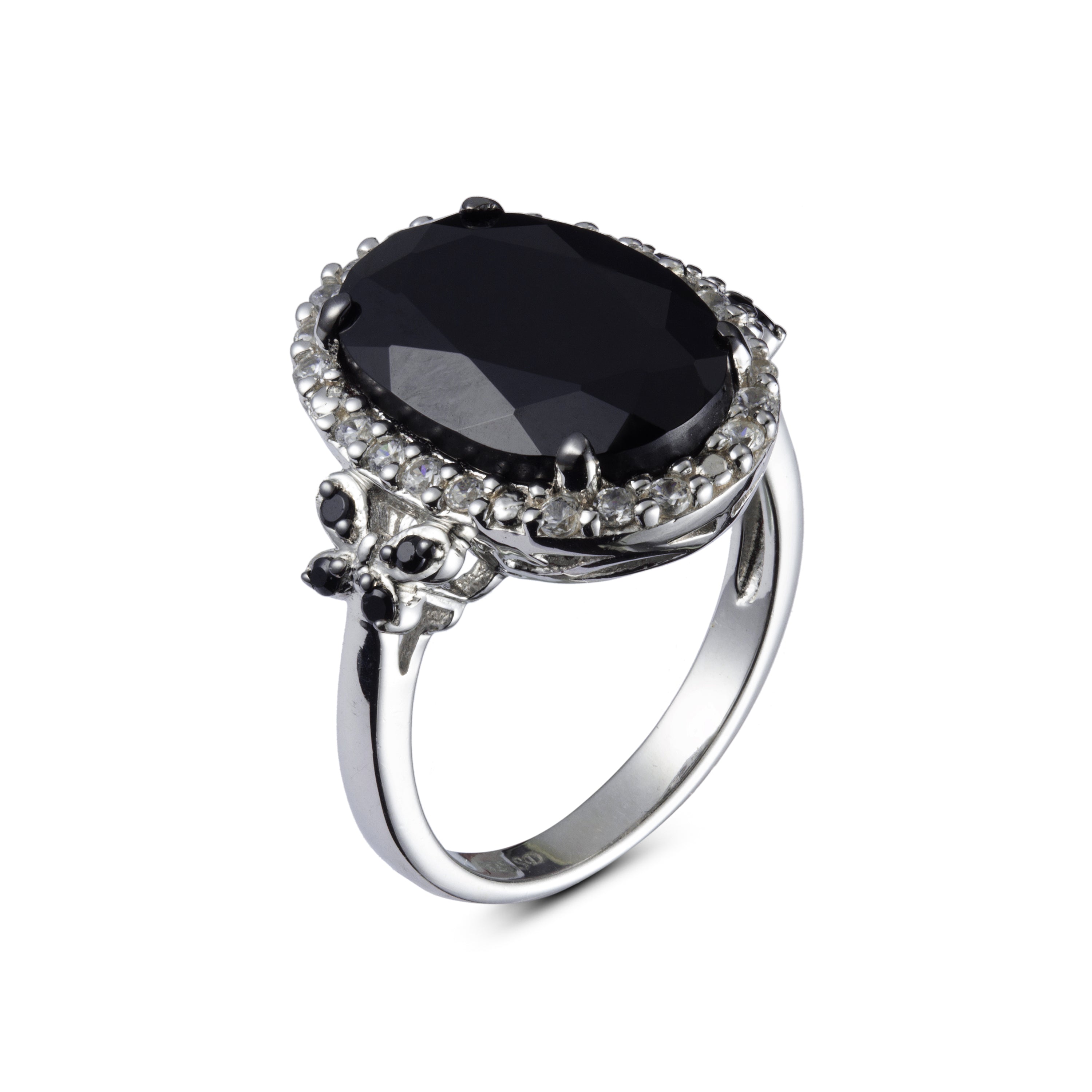 Genuine Black Spinel And White Zircon Sterling Silver Halo Ring