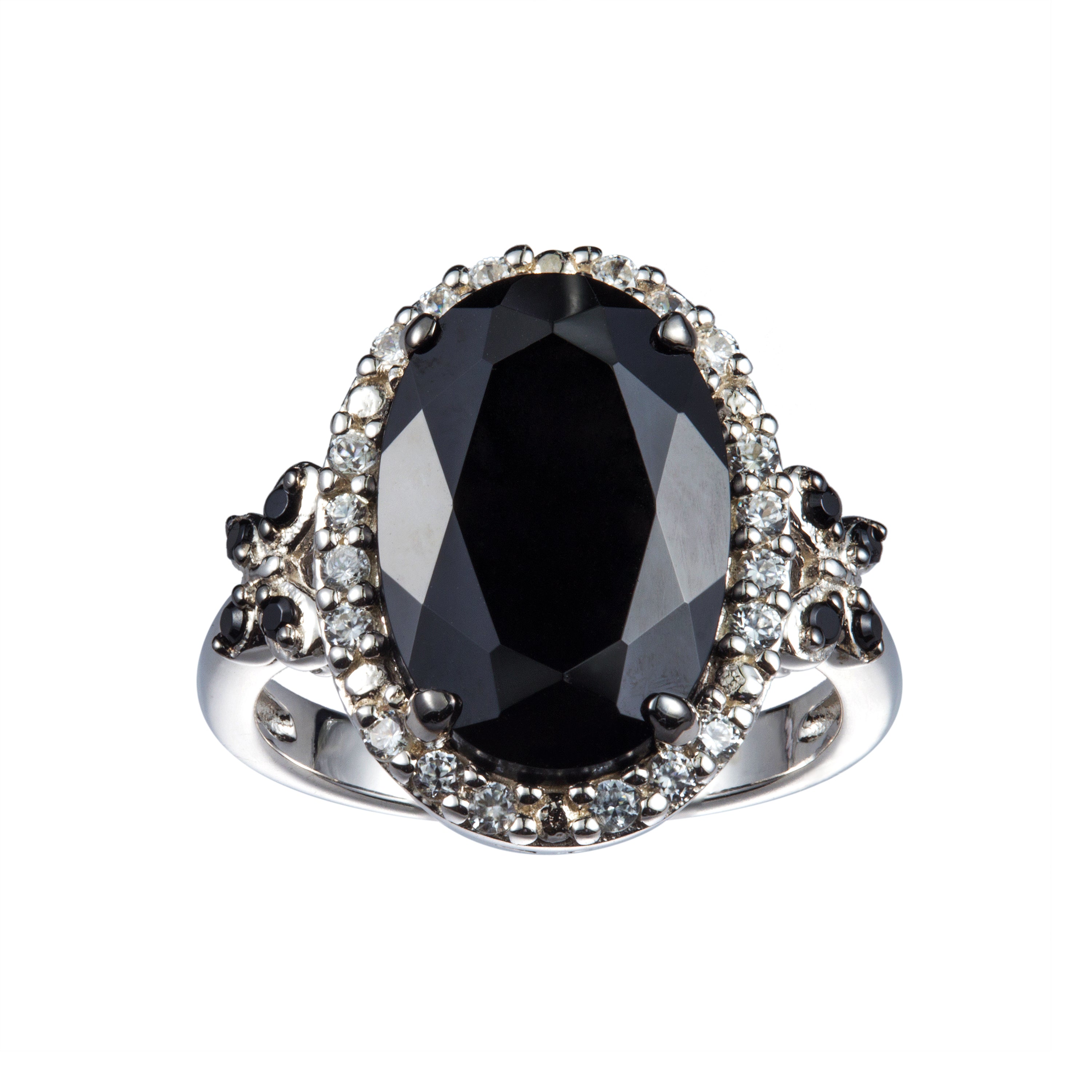 Genuine Black Spinel And White Zircon Sterling Silver Halo Ring