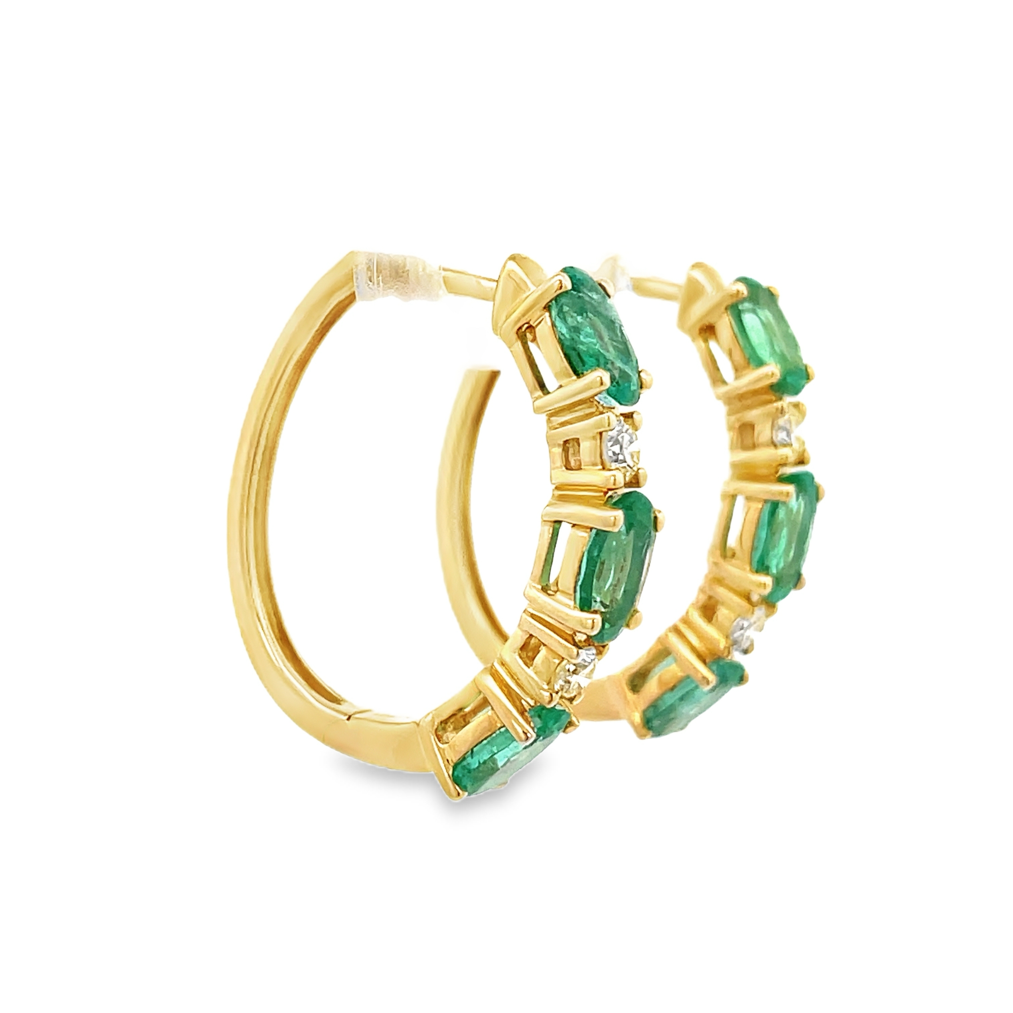 14KT WHITE GOLD EMERALD & DIAMOND HOOP EARRINGS