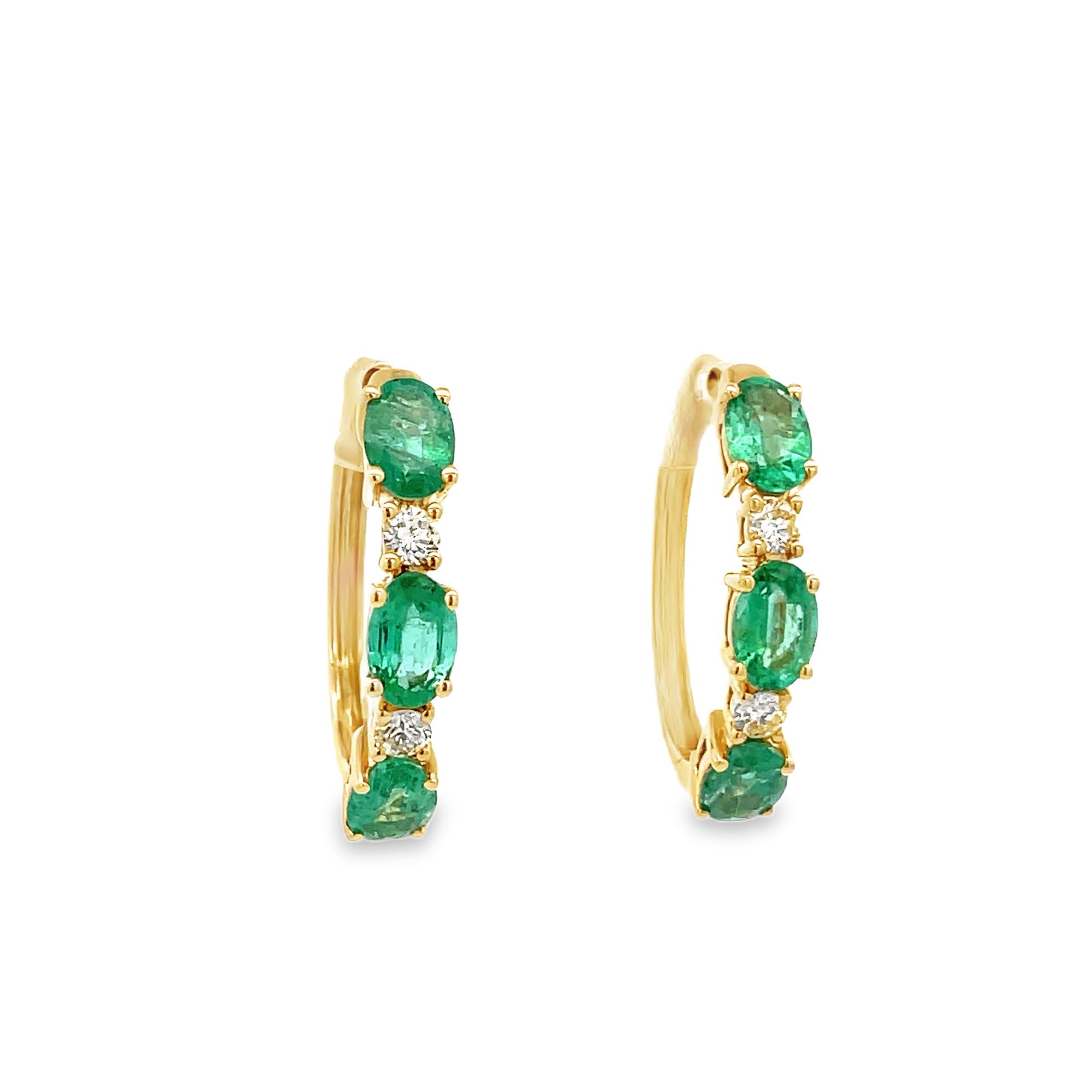 14KT WHITE GOLD EMERALD & DIAMOND HOOP EARRINGS