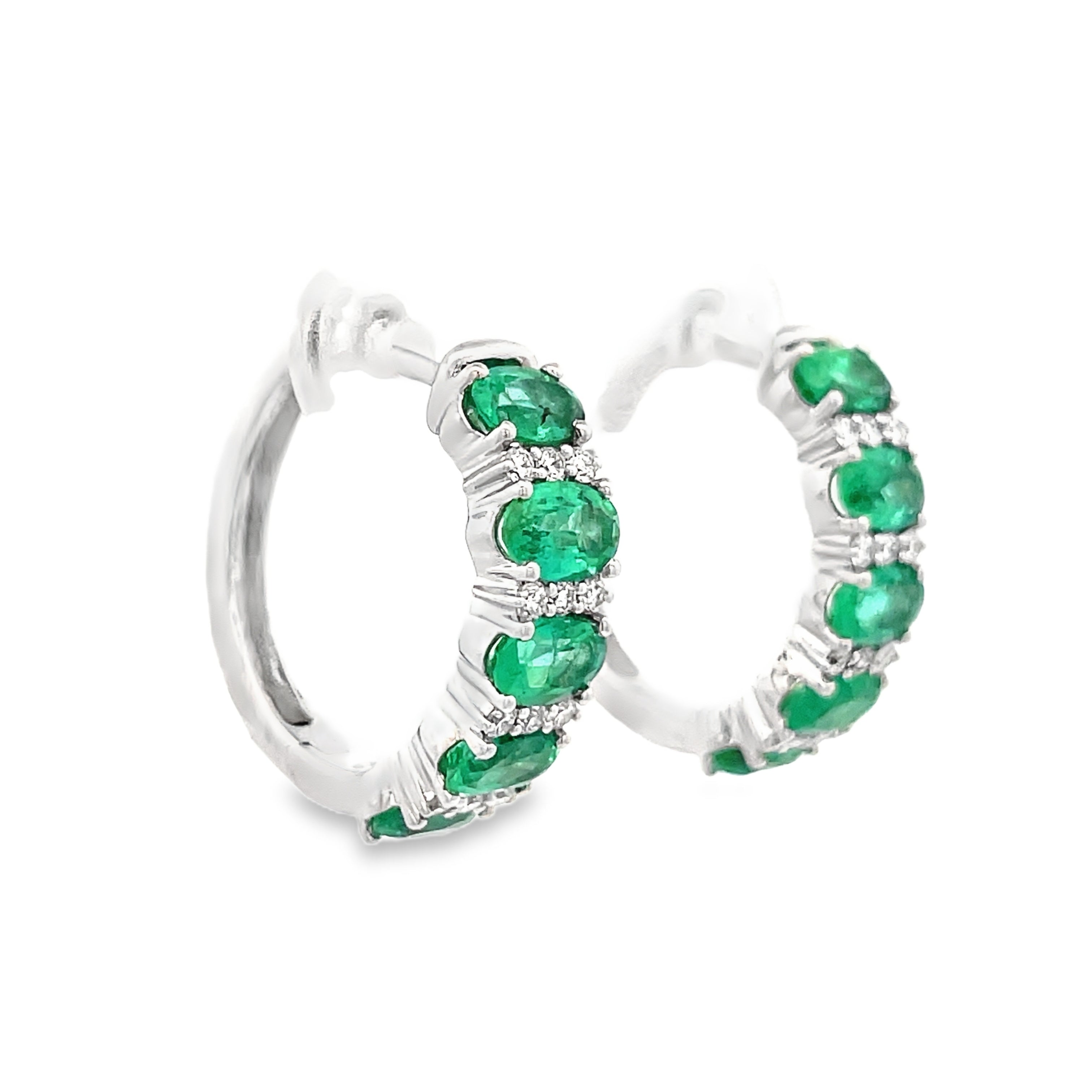 14KT WHITE GOLD EMERALD & DIAMOND HOOP EARRINGS