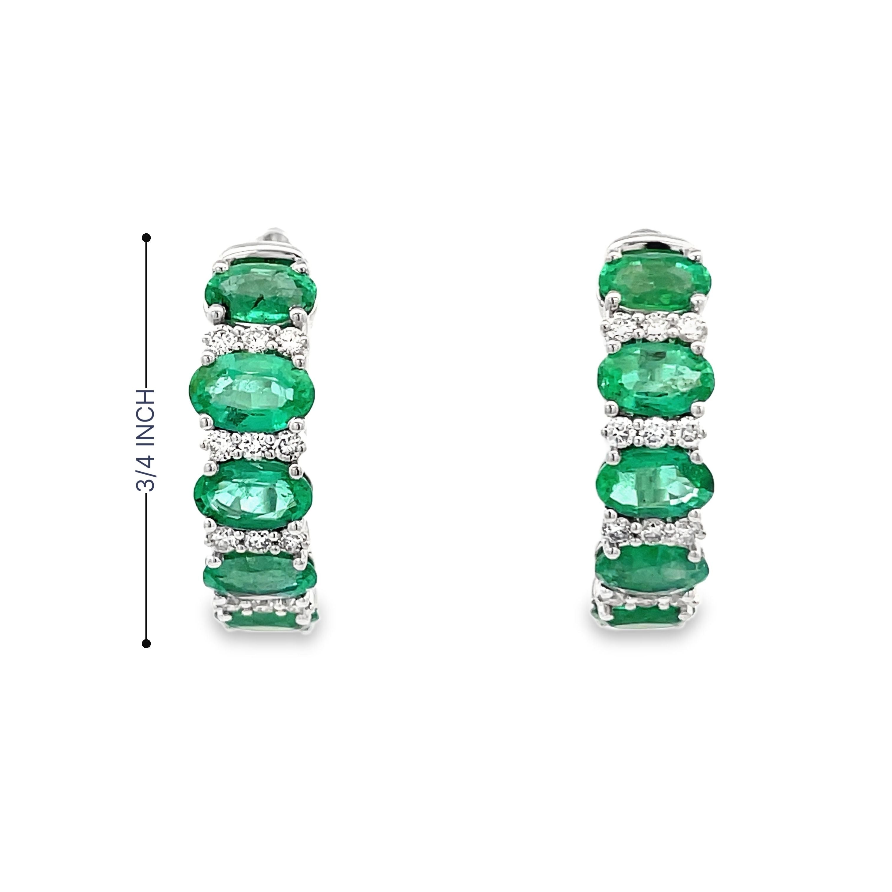 14KT WHITE GOLD EMERALD & DIAMOND HOOP EARRINGS