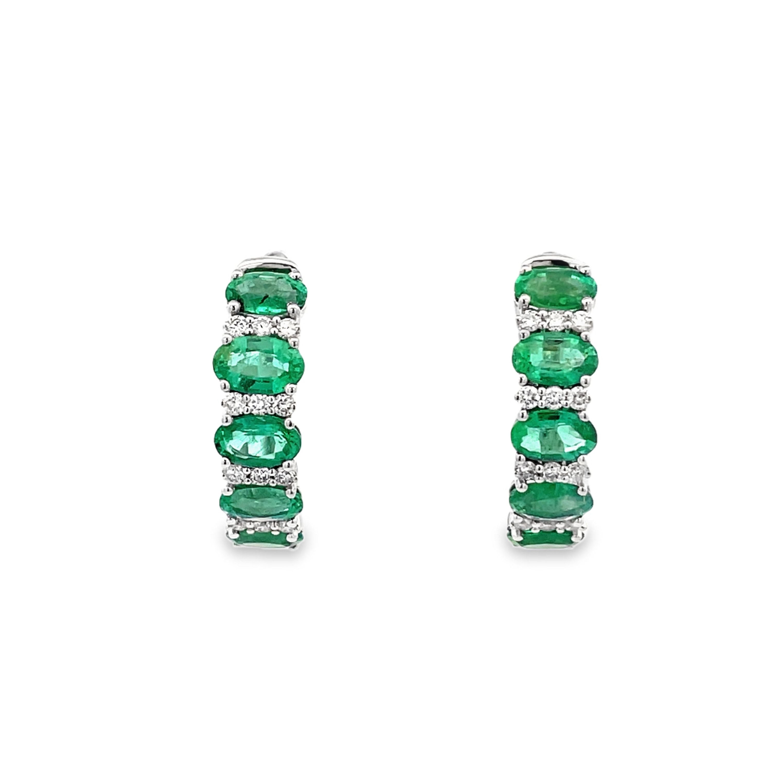 14KT WHITE GOLD EMERALD & DIAMOND HOOP EARRINGS