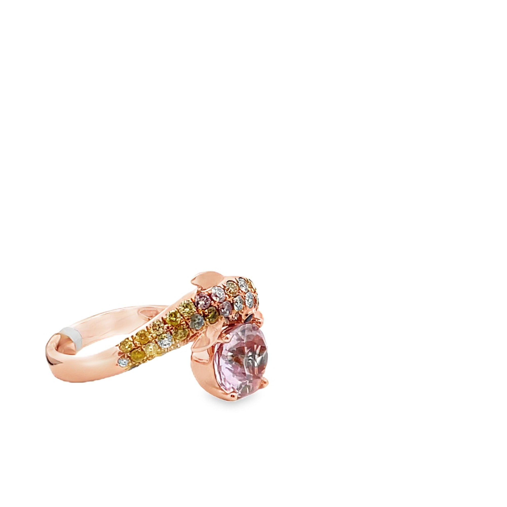 14KT ROSE GOLD OVAL CUT KUNZITE & MULTI COLOR DIAMOND DOLPHIN RING