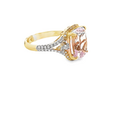 14KT YELLOW GOLD CUSHION CUT KUNZITE, YELLOW & WHITE DIAMOND RING