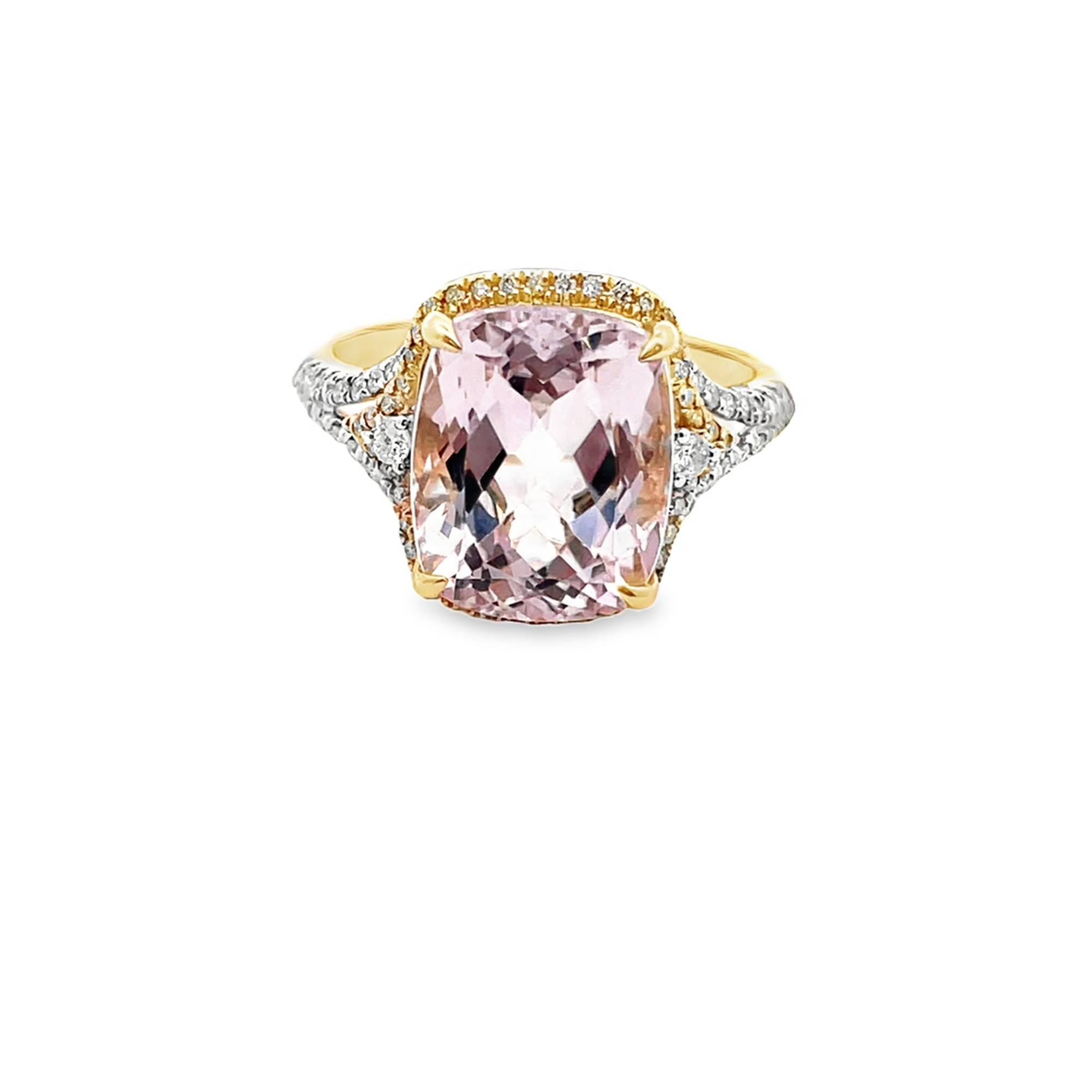 14KT YELLOW GOLD CUSHION CUT KUNZITE, YELLOW & WHITE DIAMOND RING