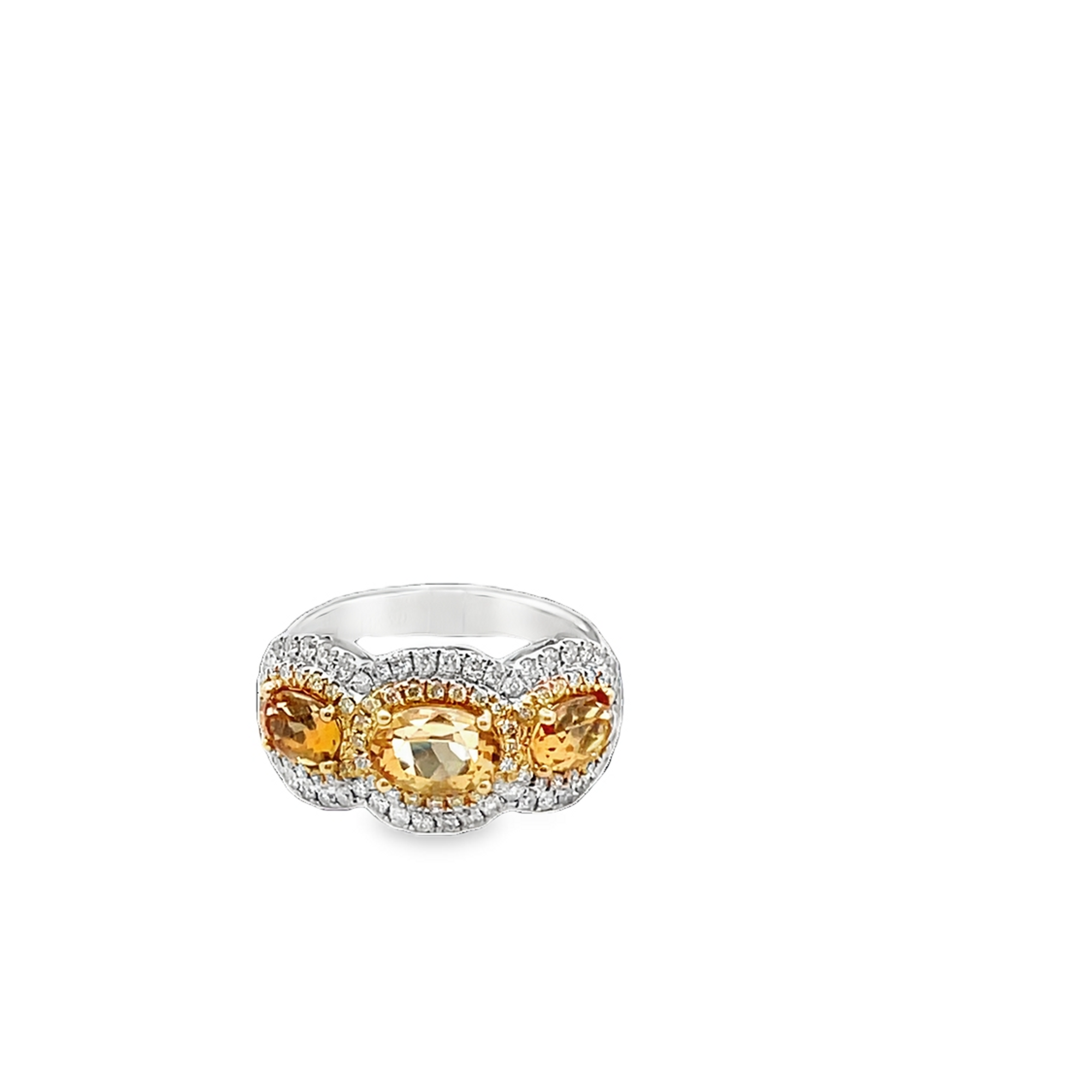 14KT WHITE GOLD IMPERIAL TOPAZ, YELLOW & WHITE DIAMOND RING