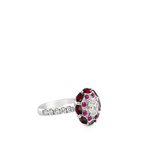 14KT OVAL CUT CENTER DIAMOND, RUBY & PINK SAPPHIRE RING