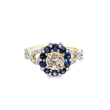 14KT YELLOW GOLD ROUND BRILLIANT CUT & BLUE SAPPHIRE DIAMOND RING