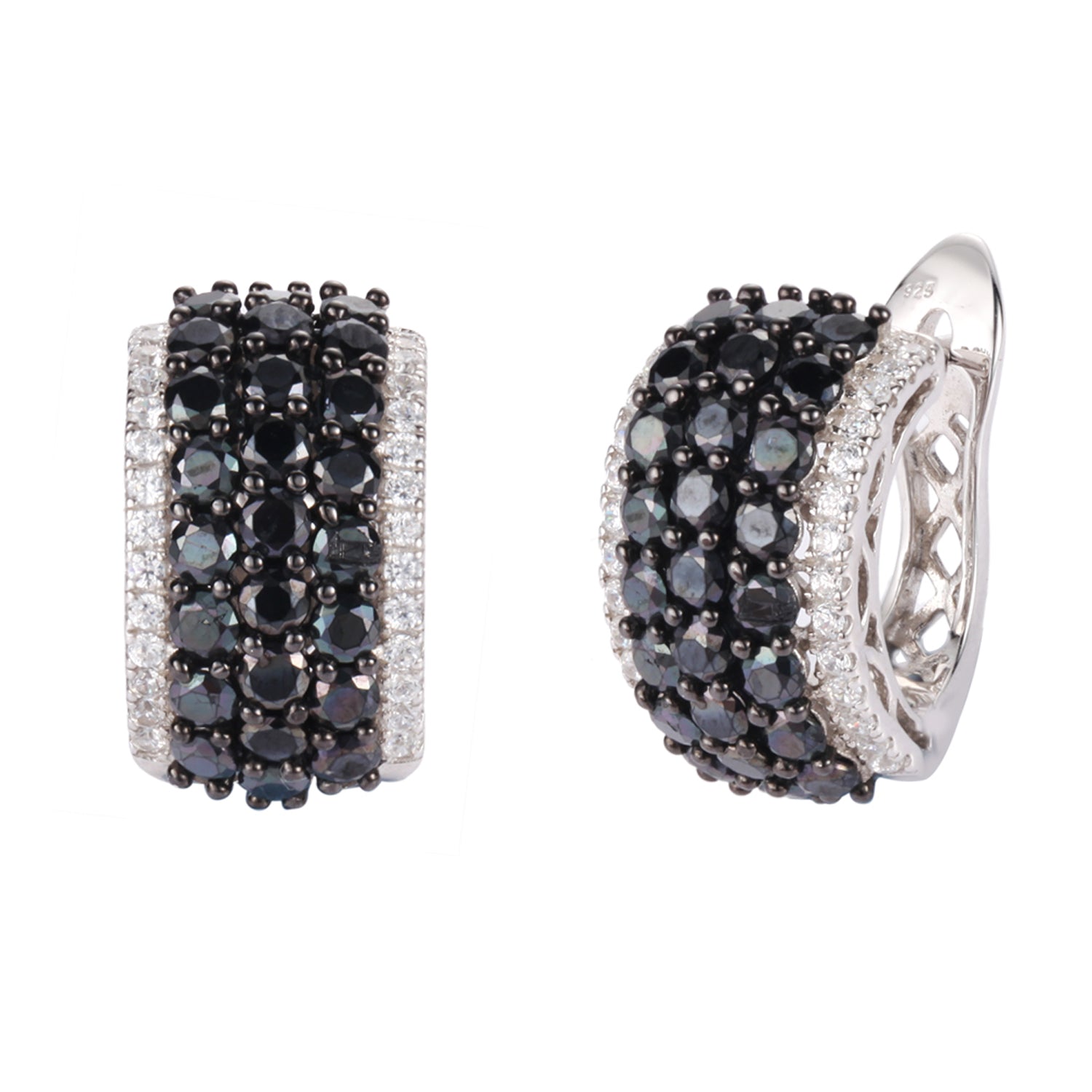 Genuine Black Spinel And White Zircon Sterling Silver Hoop Earrings