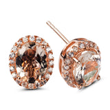 Genuine Morganite And White Zircon 14k Rose Over Silver Halo Earrings