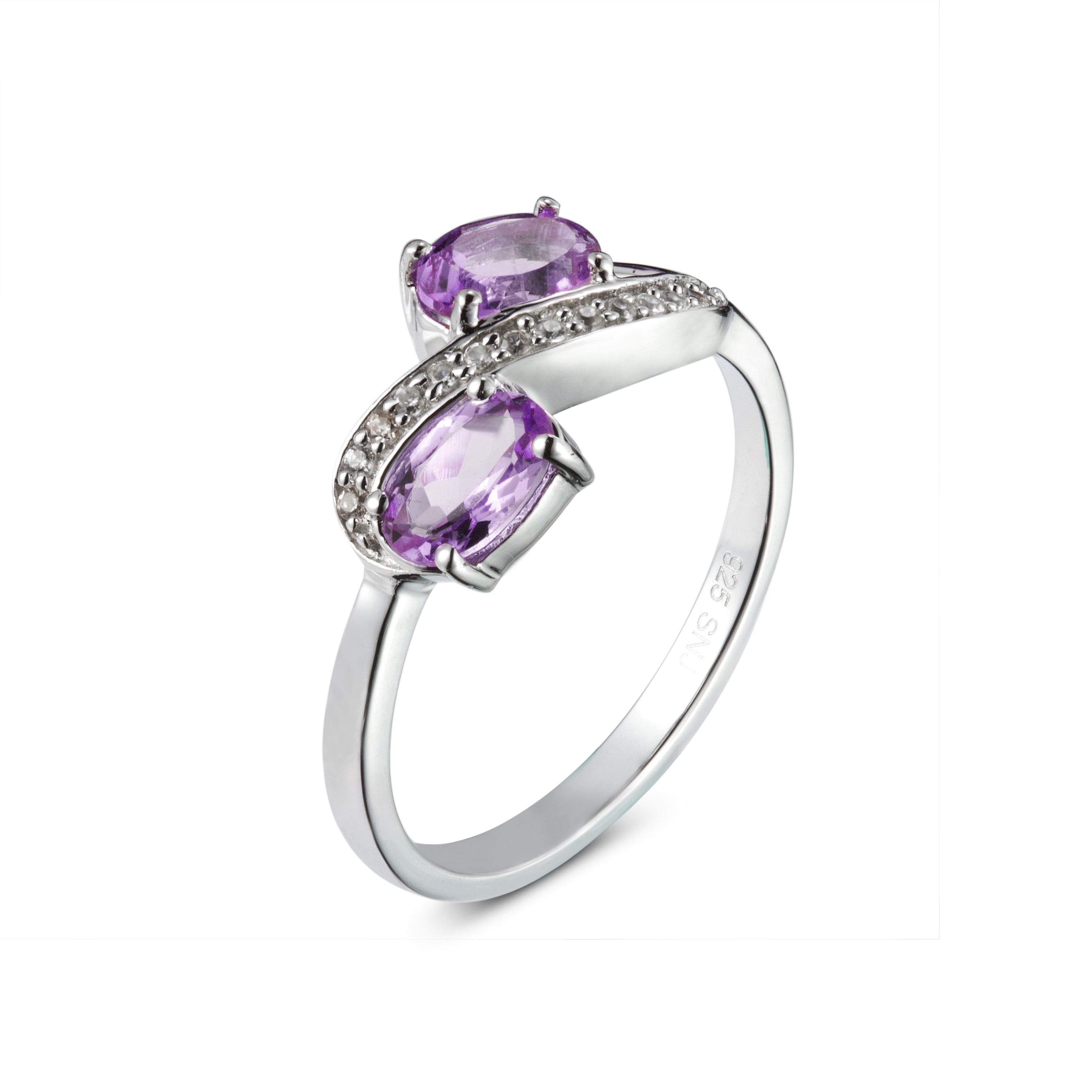 Genuine Amethyst And White Zircon Sterling Silver 2 Stone Ring