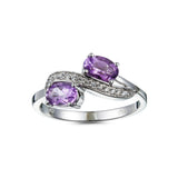 Genuine Amethyst And White Zircon Sterling Silver 2 Stone Ring