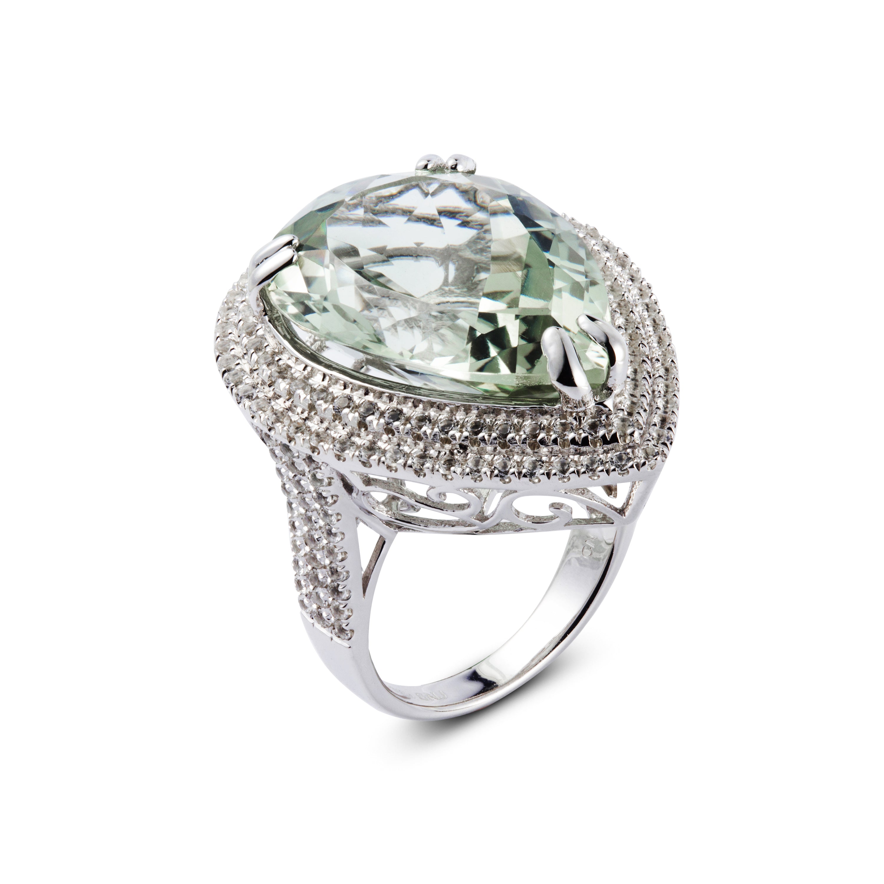 Genuine Green Amethyst And White Topaz Sterling Silver Double Halo Ring