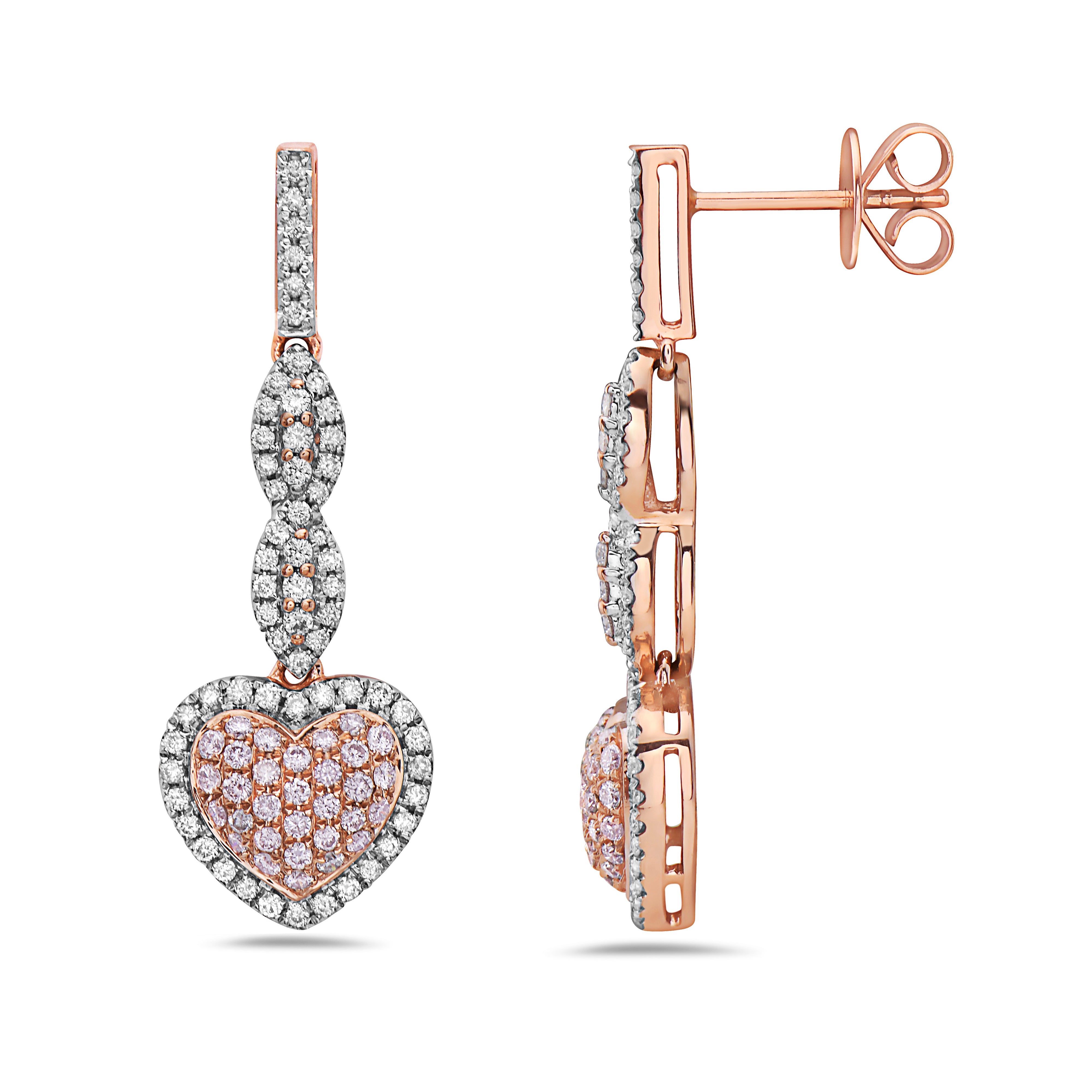 14KT ROSE GOLD PINK & WHITE DIAMOND HEART EARRINGS