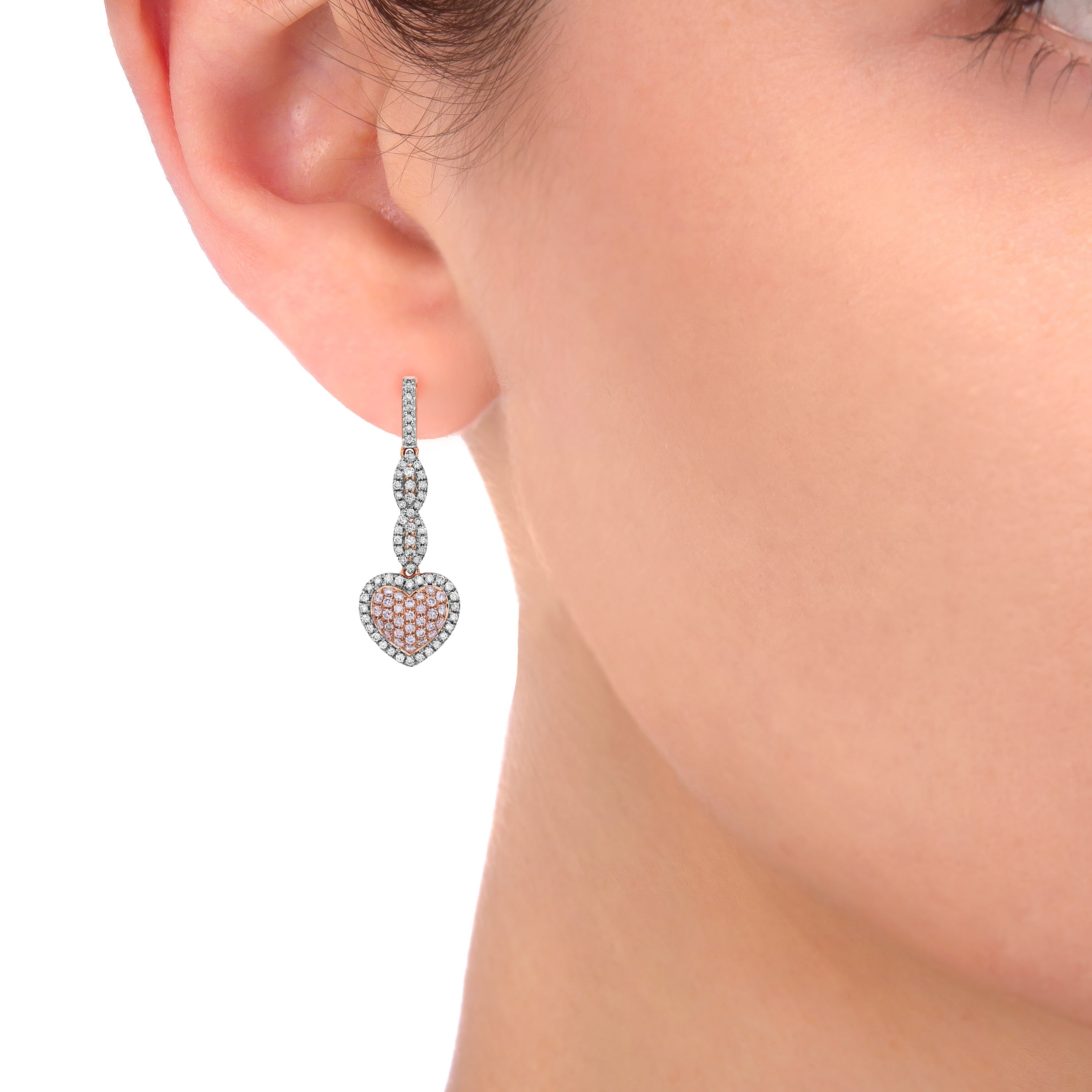 14KT ROSE GOLD PINK & WHITE DIAMOND HEART EARRINGS