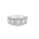 14KT WHITE GOLD 7-STONE EMERALD CUT DIAMOND & ROUND BRILLIANT CUT DIAMOND HALO BAND