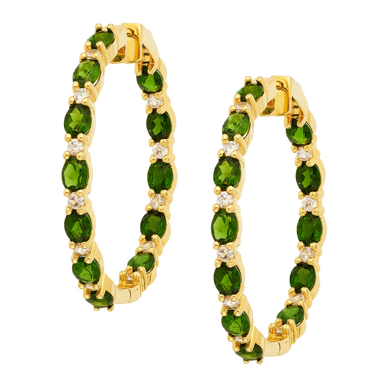 Yellow Plated 925 Sterling Silver Chrome Diopside & White Zircon Hoop Earrings