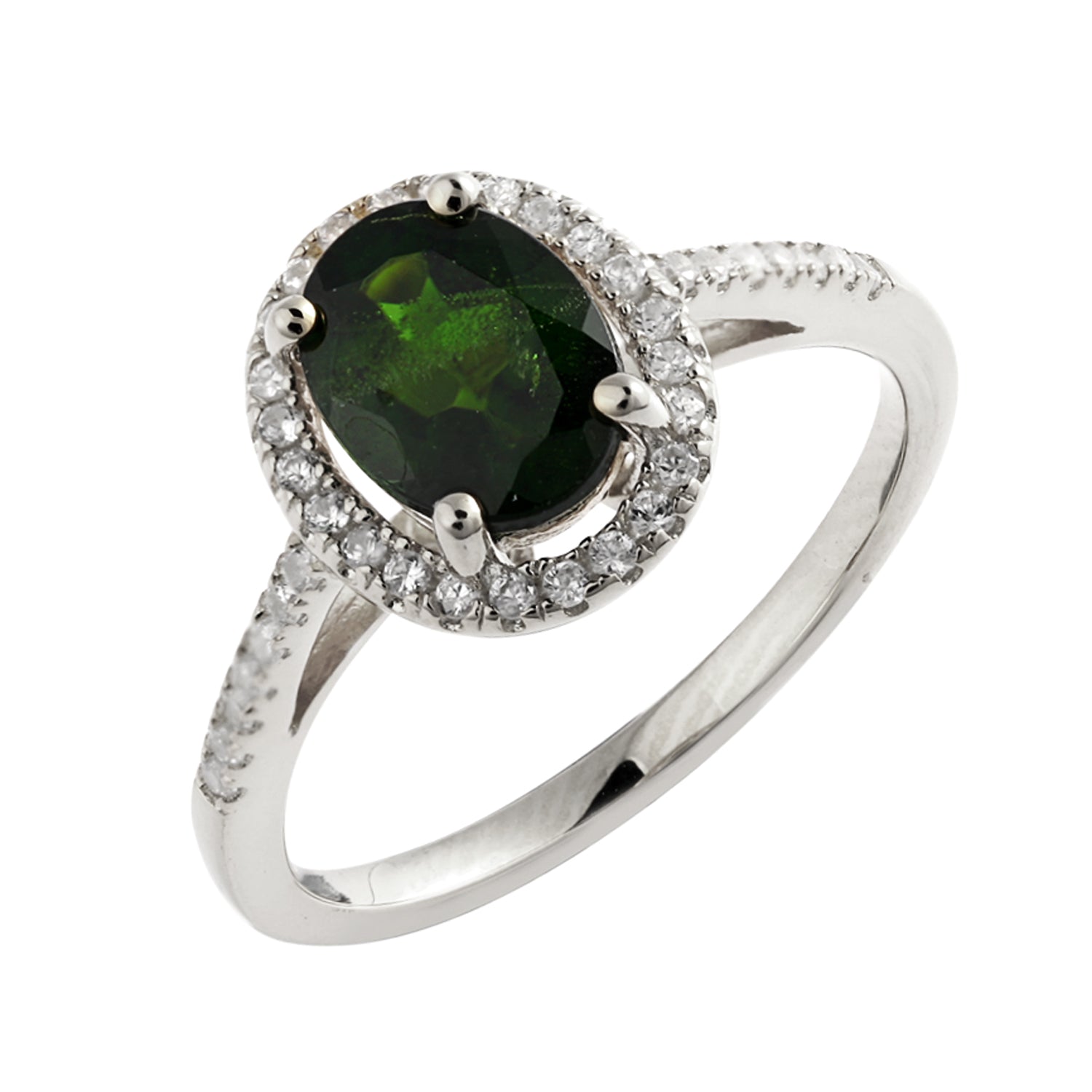 Genuine Chrome Diopside And White Zircon Sterling Silver Halo Ring