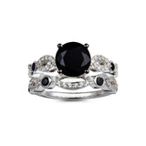 Genuine Black Spinel And White Zircon Sterling Silver 2pc Bridal Set