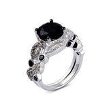 Genuine Black Spinel And White Zircon Sterling Silver 2pc Bridal Set