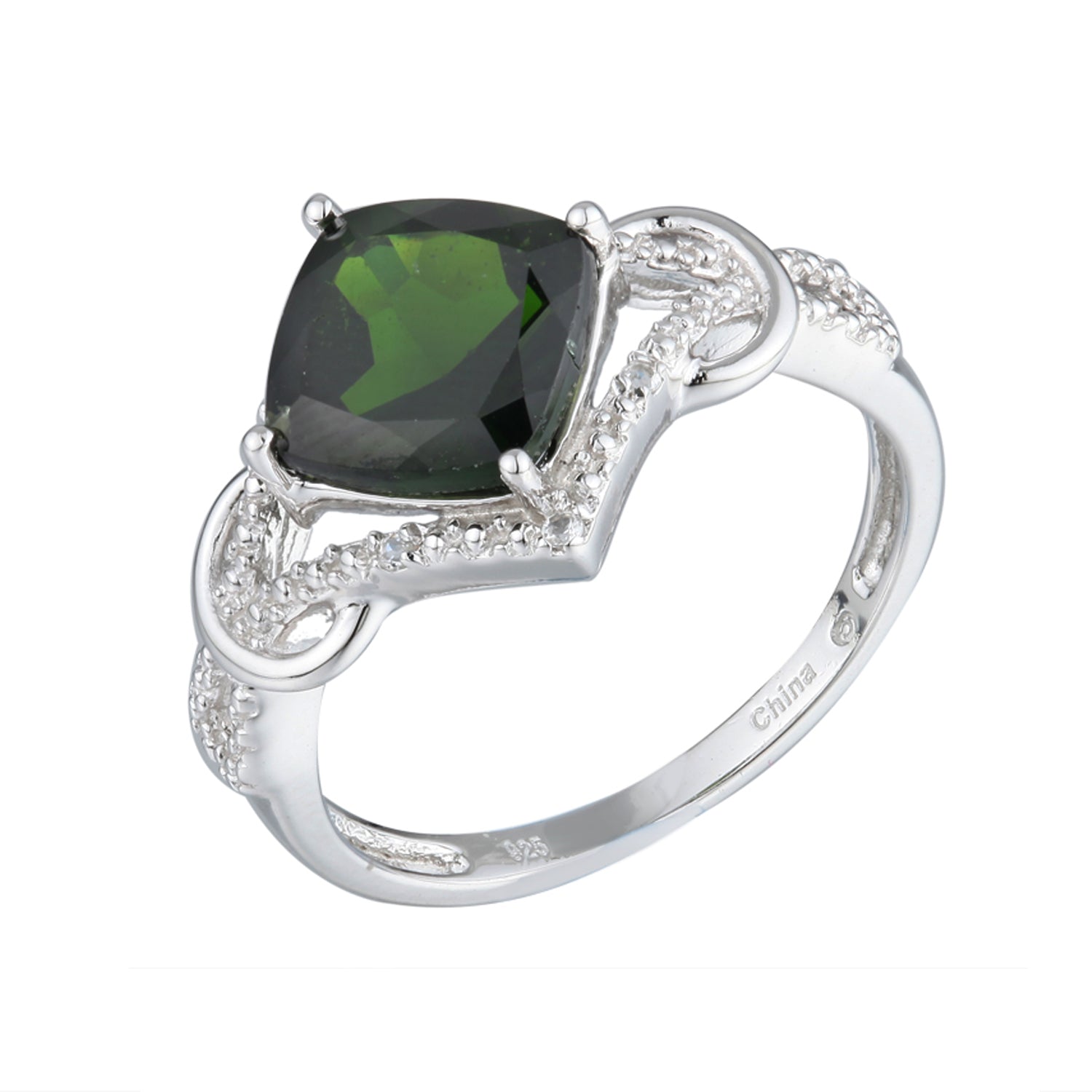 Genuine Chrome Diopside And White Topaz Sterling Silver Ring