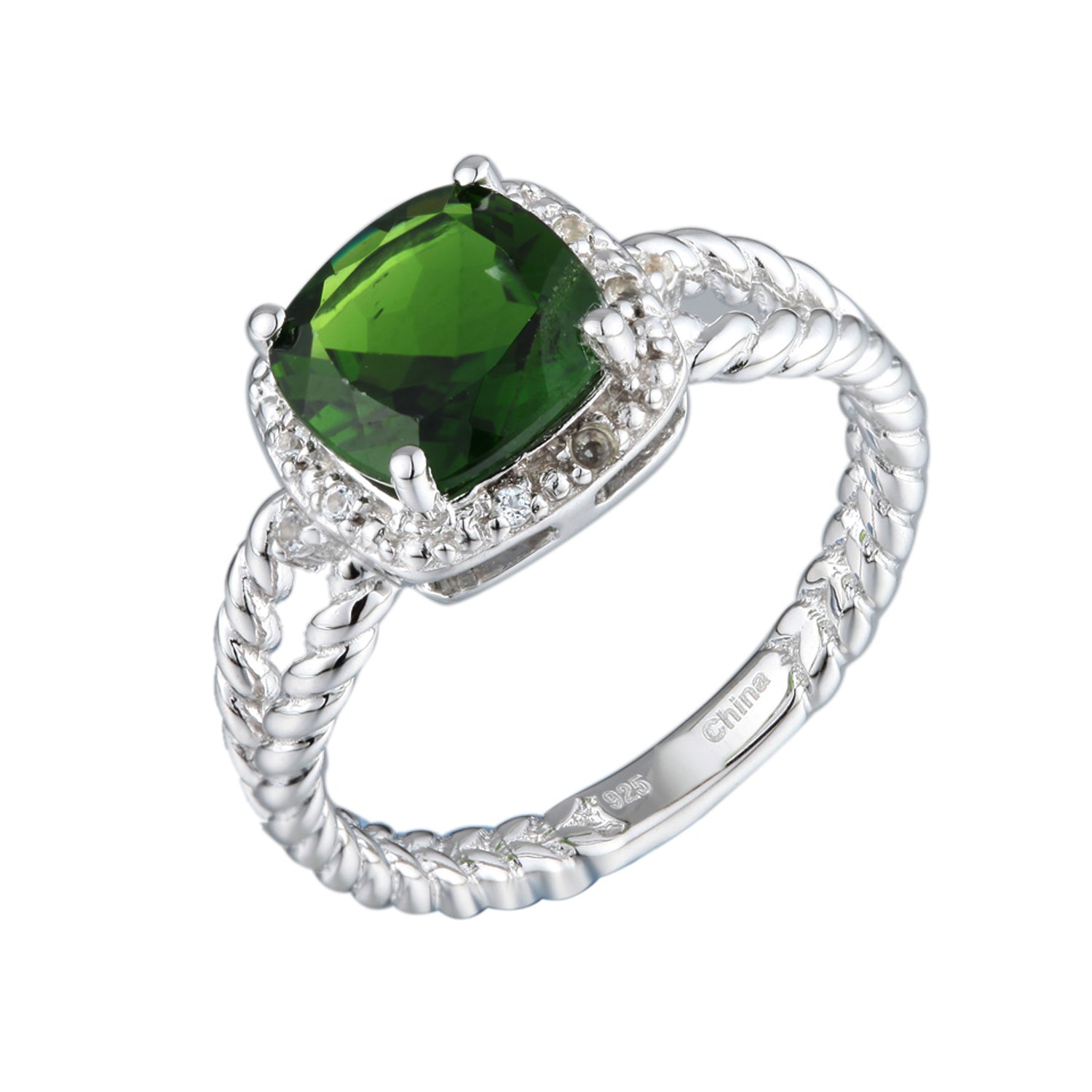 Genuine Chrome Diopside And White Topaz Sterling Silver Ring