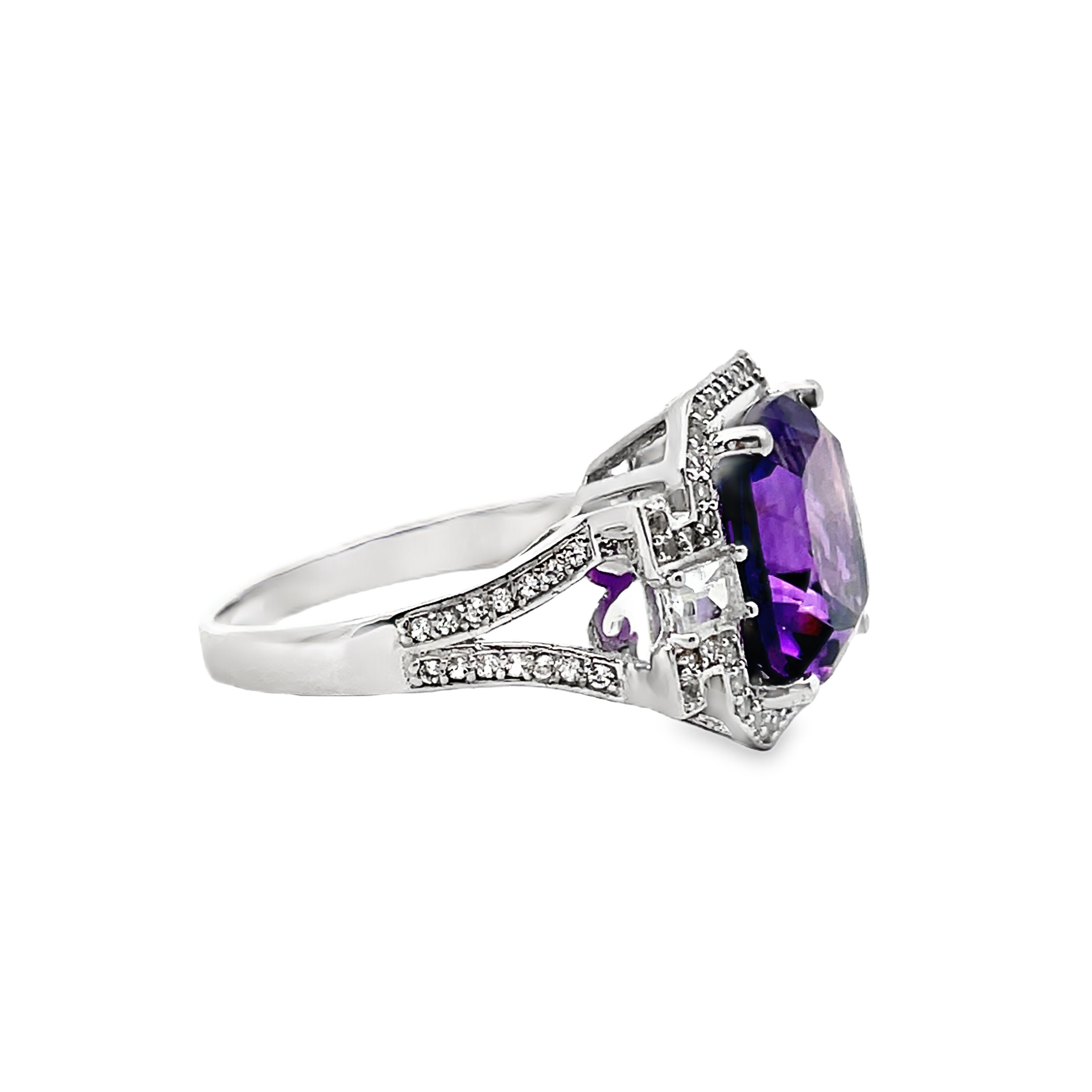 925 Sterling Silver Amethyst & White Top Ring