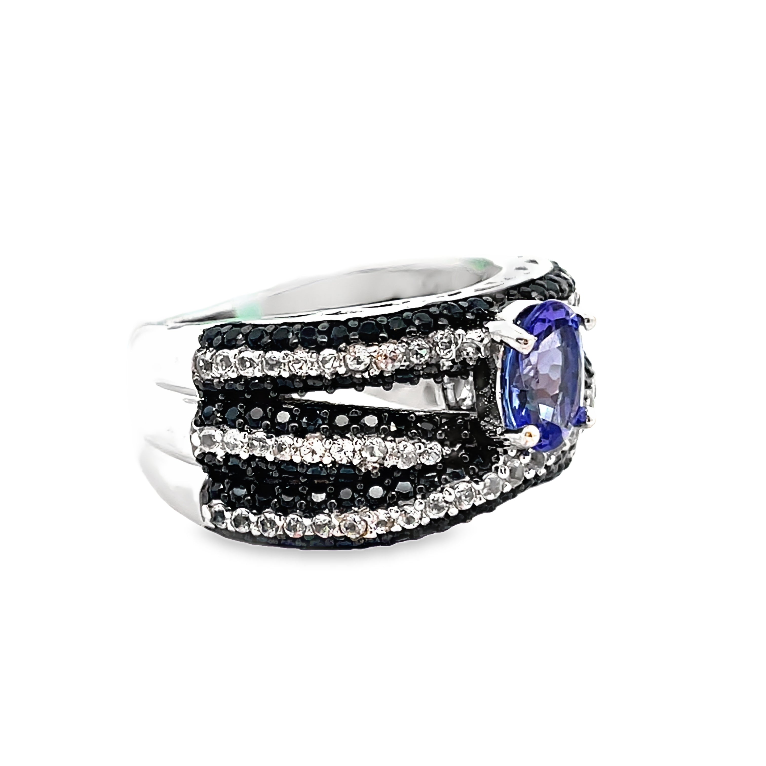 925 Sterling Silver Tanzanite, Black Spinel, & White Zircon Ring - Size 6