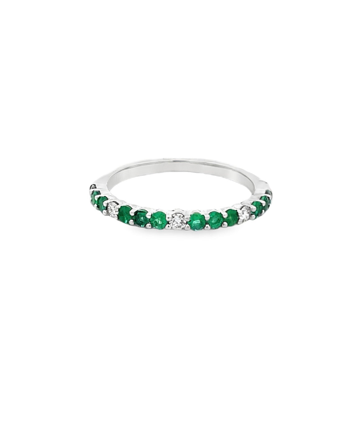 Premium Grade Round Cut Emeralds & H-I Color, SI Clarity  Round Brilliant Cut Diamonds in 14KT White Gold Ring