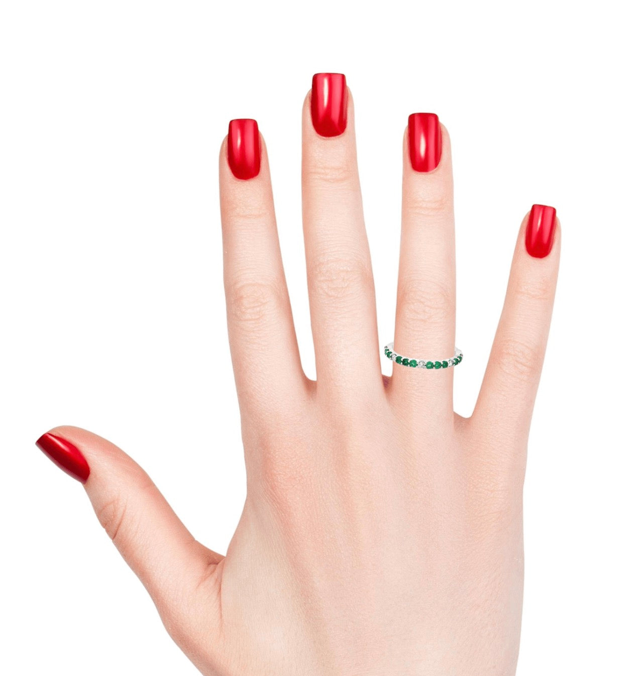 Premium Grade Round Cut Emeralds & H-I Color, SI Clarity  Round Brilliant Cut Diamonds in 14KT White Gold Ring