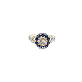 14KT YELLOW GOLD ROUND BRILLIANT CUT & BLUE SAPPHIRE DIAMOND RING