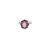 14KT OVAL CUT CENTER DIAMOND, RUBY & PINK SAPPHIRE RING