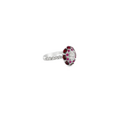 14KT OVAL CUT CENTER DIAMOND, RUBY & PINK SAPPHIRE RING