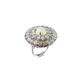 Genuine Opal And Pink Sapphire Sterling Silver Double Halo Ring