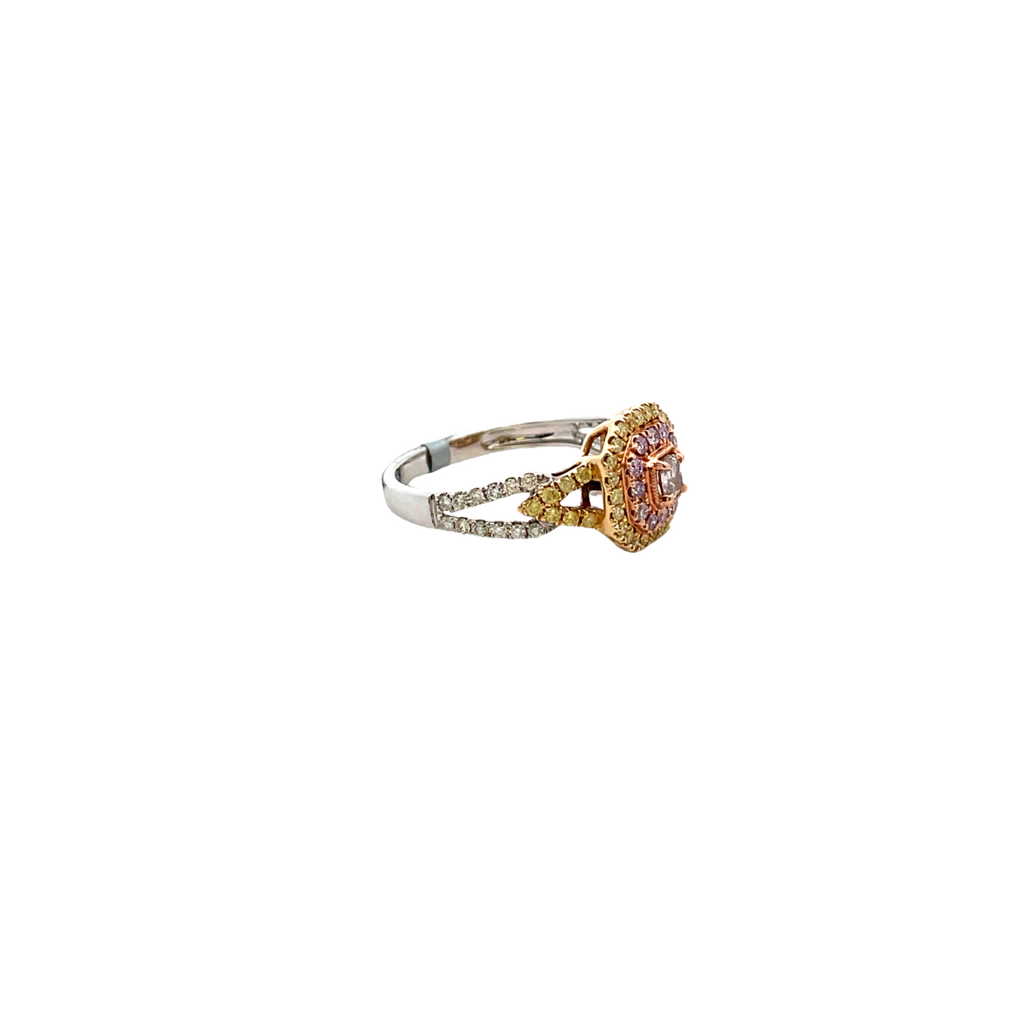 14KT TRI COLOR GOLD PINK DIAMOND CUSHION, PINK/YELLOW/WHITE ROUND BRILLIANT CUT DIAMOND RING